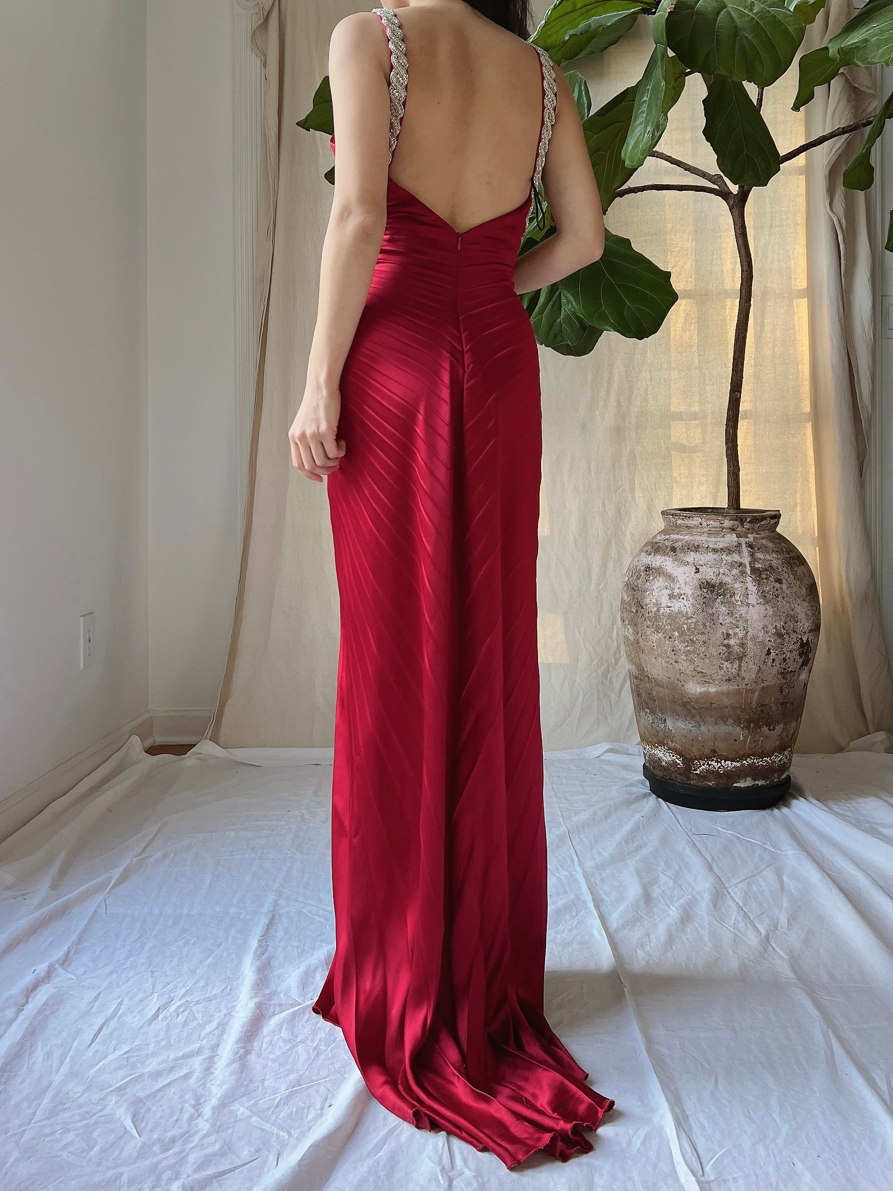 Vintage Pleated Satin Dress - M