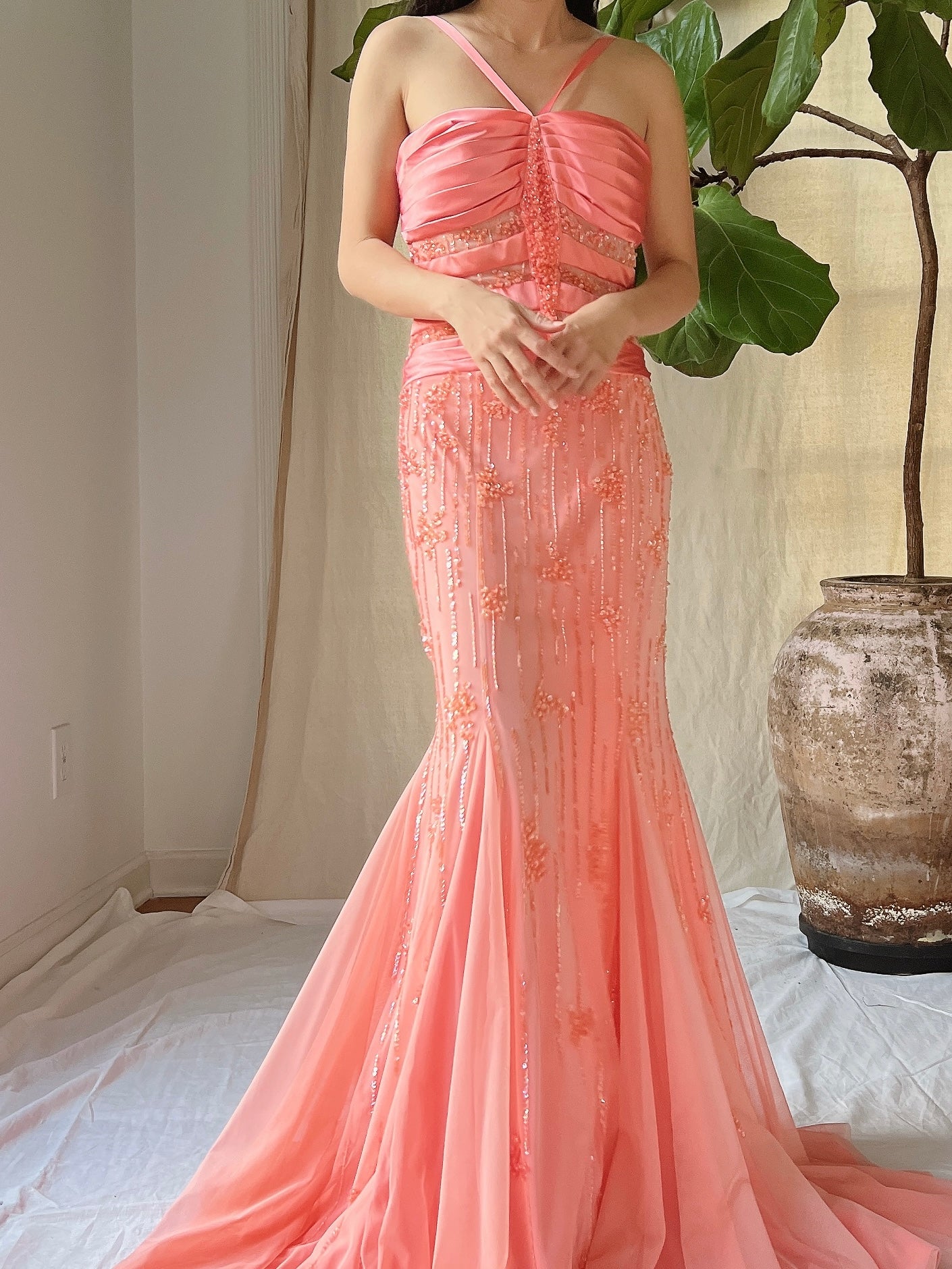 Vintage Sherbet Tulle Beaded Gown - M
