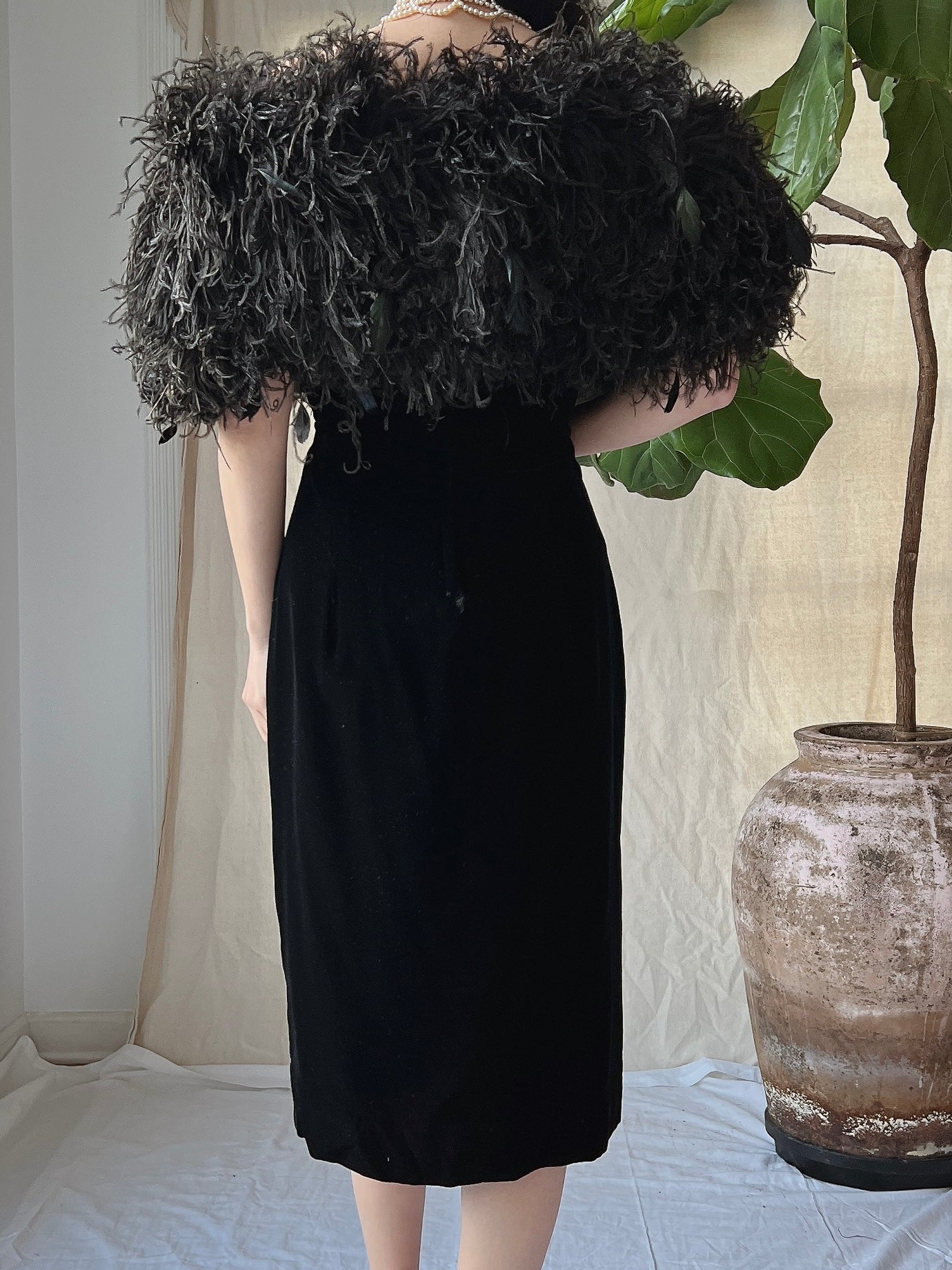 Vintage Ostrich Feather Collar Velvet Dress - XS