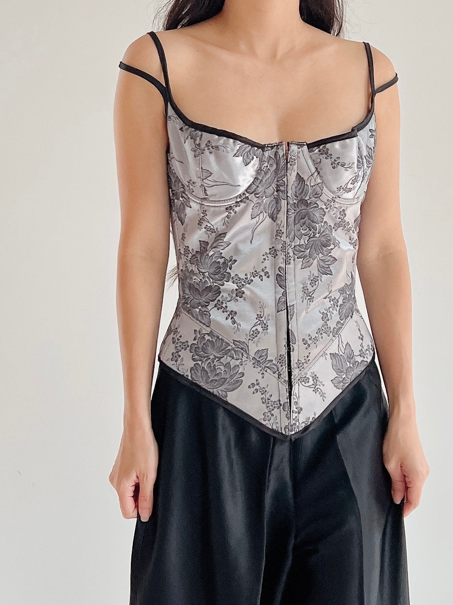 Vintage Gray Brocade Bustier - XS/S (32-34” Bust)