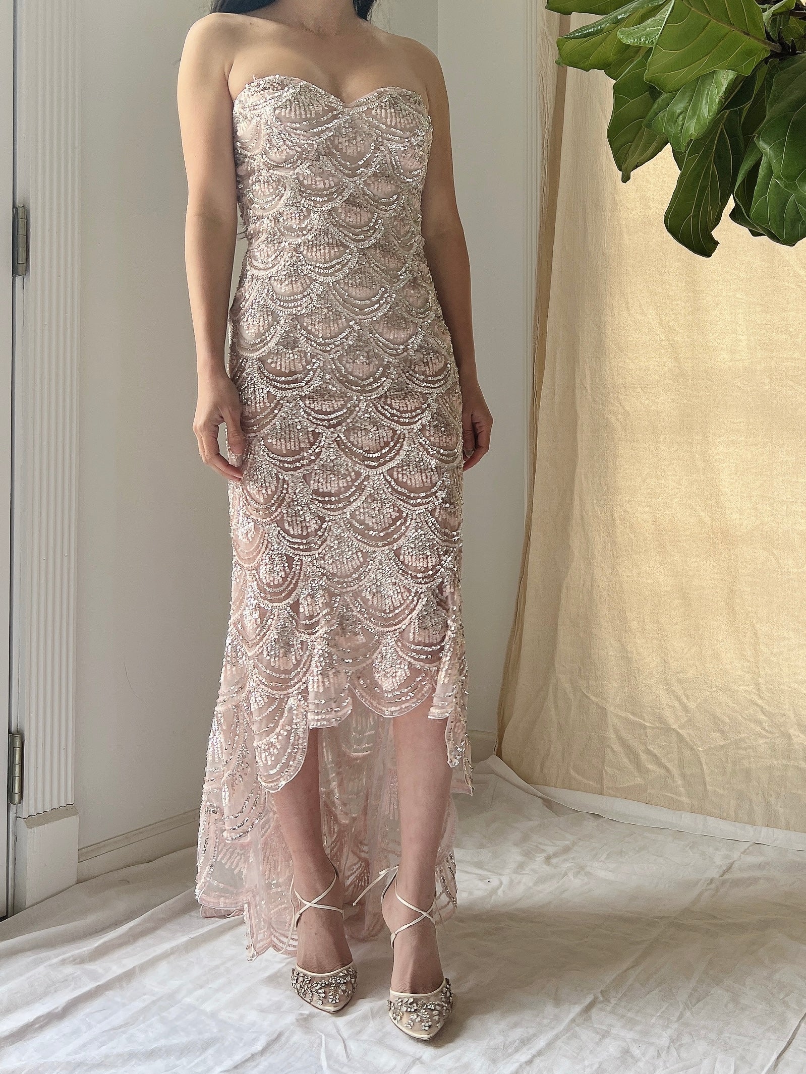 Strapless Sequins Tulle Hi-Low Dress - XS