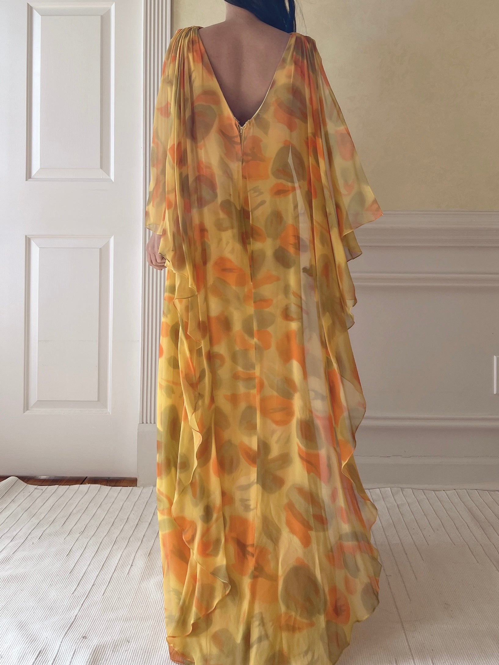 1960s Silk Chiffon Cape Gown - M