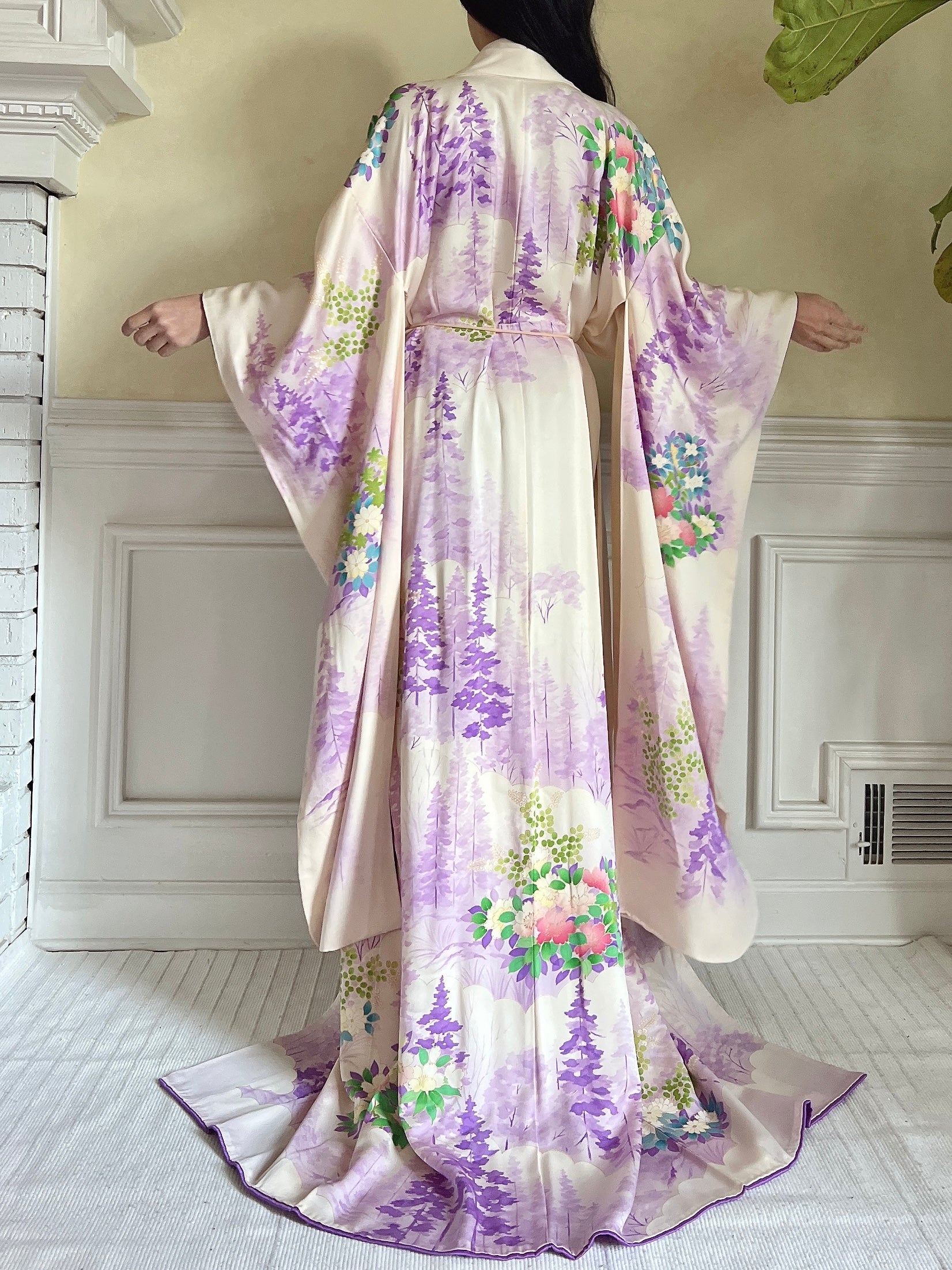 Vintage Lavender Trees and Floral Silk Kimono - OSFM