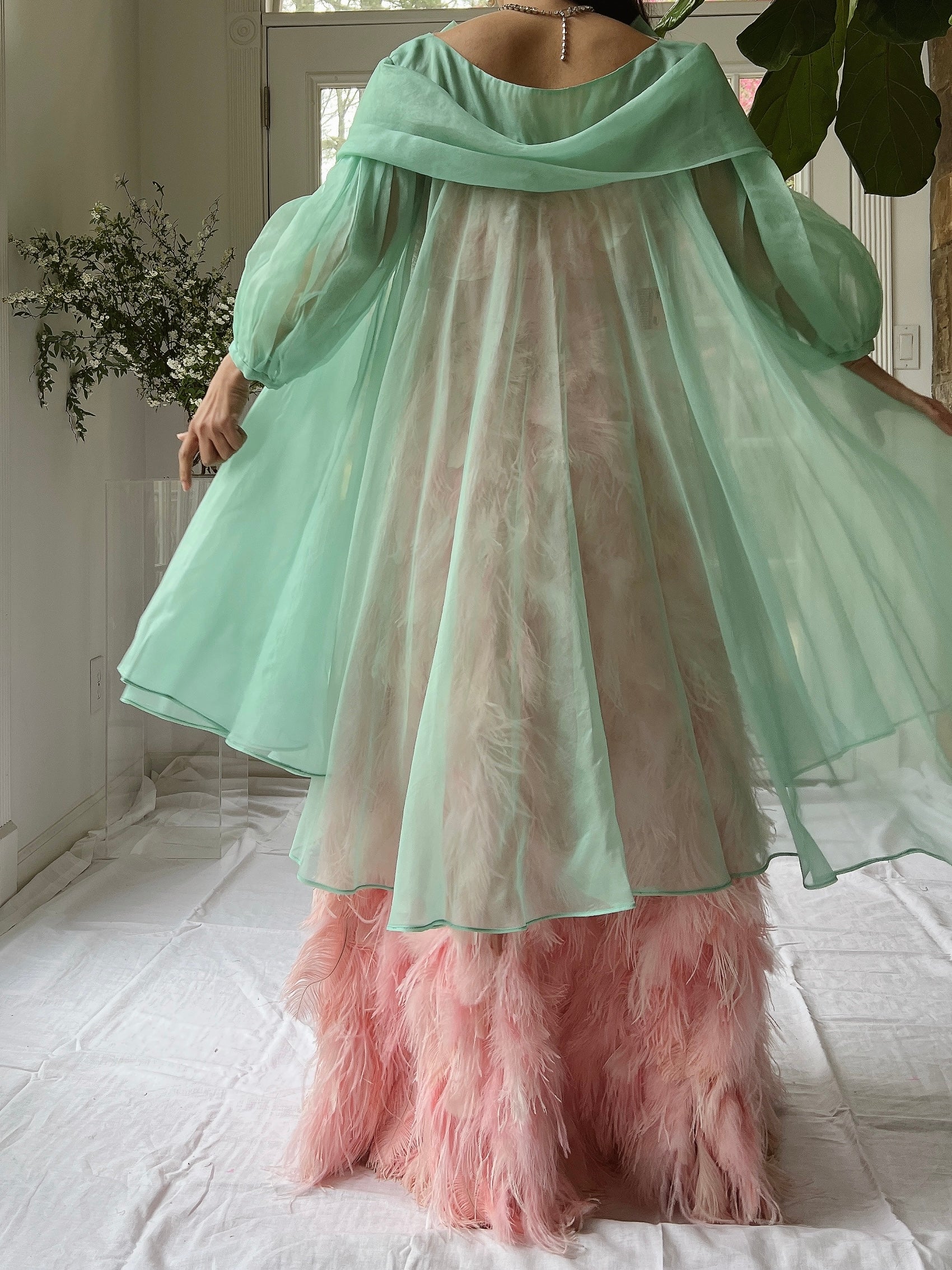 1960s Silk Chiffon Puff Sleeves Duster - OSFM