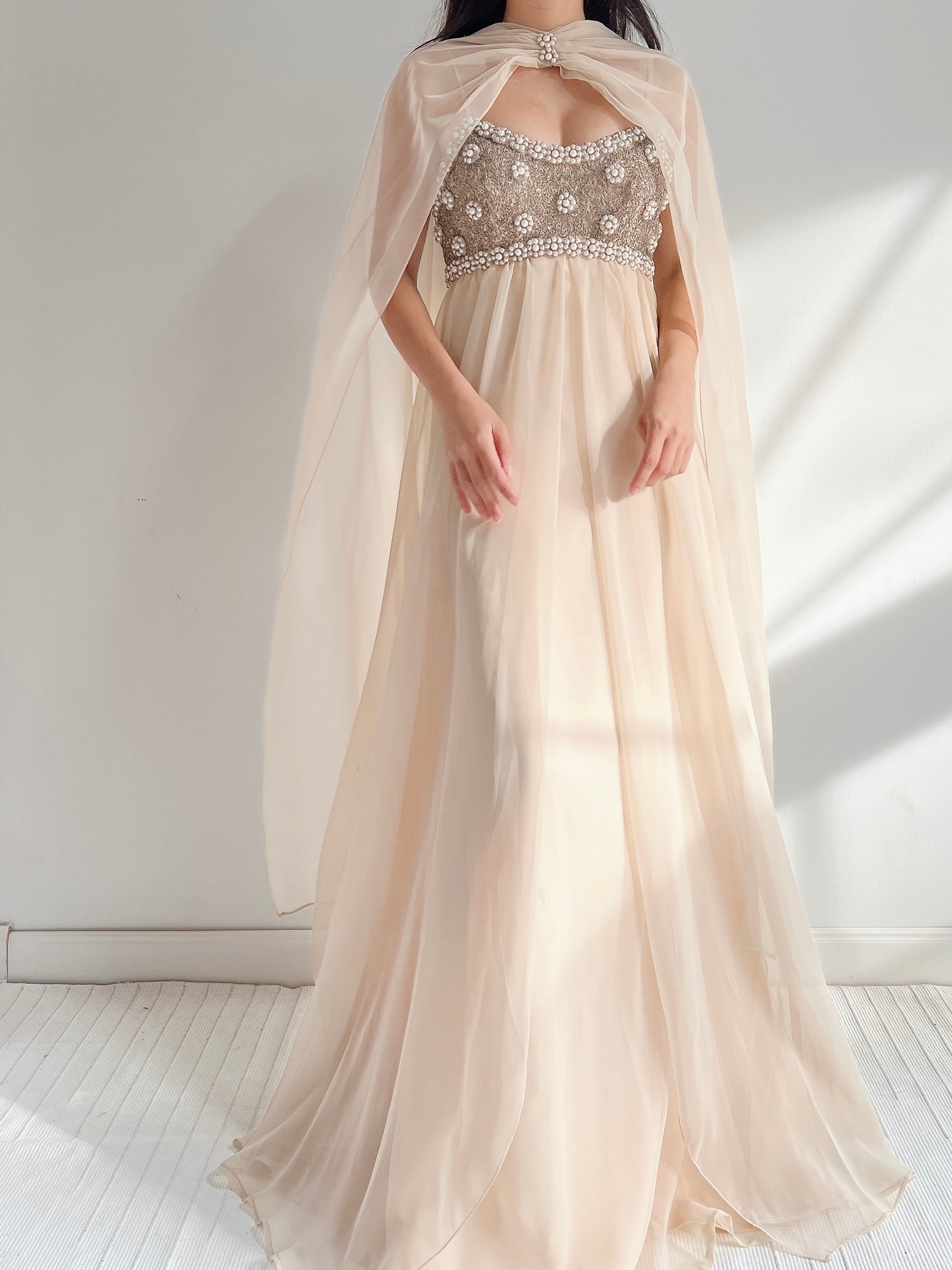 1960s Empire Chiffon Beaded Gown - XS