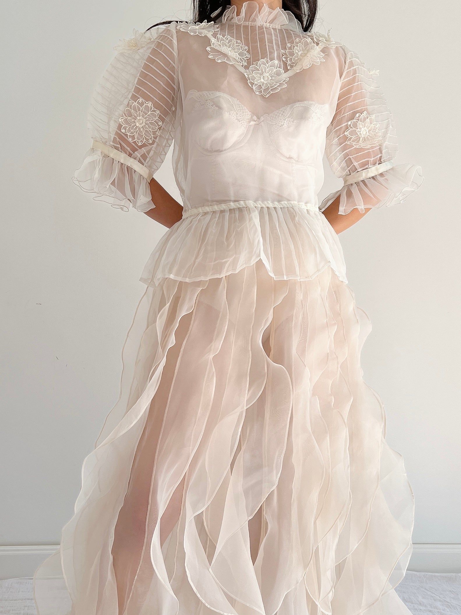 Vintage Organza Puff Sleeve Top - M