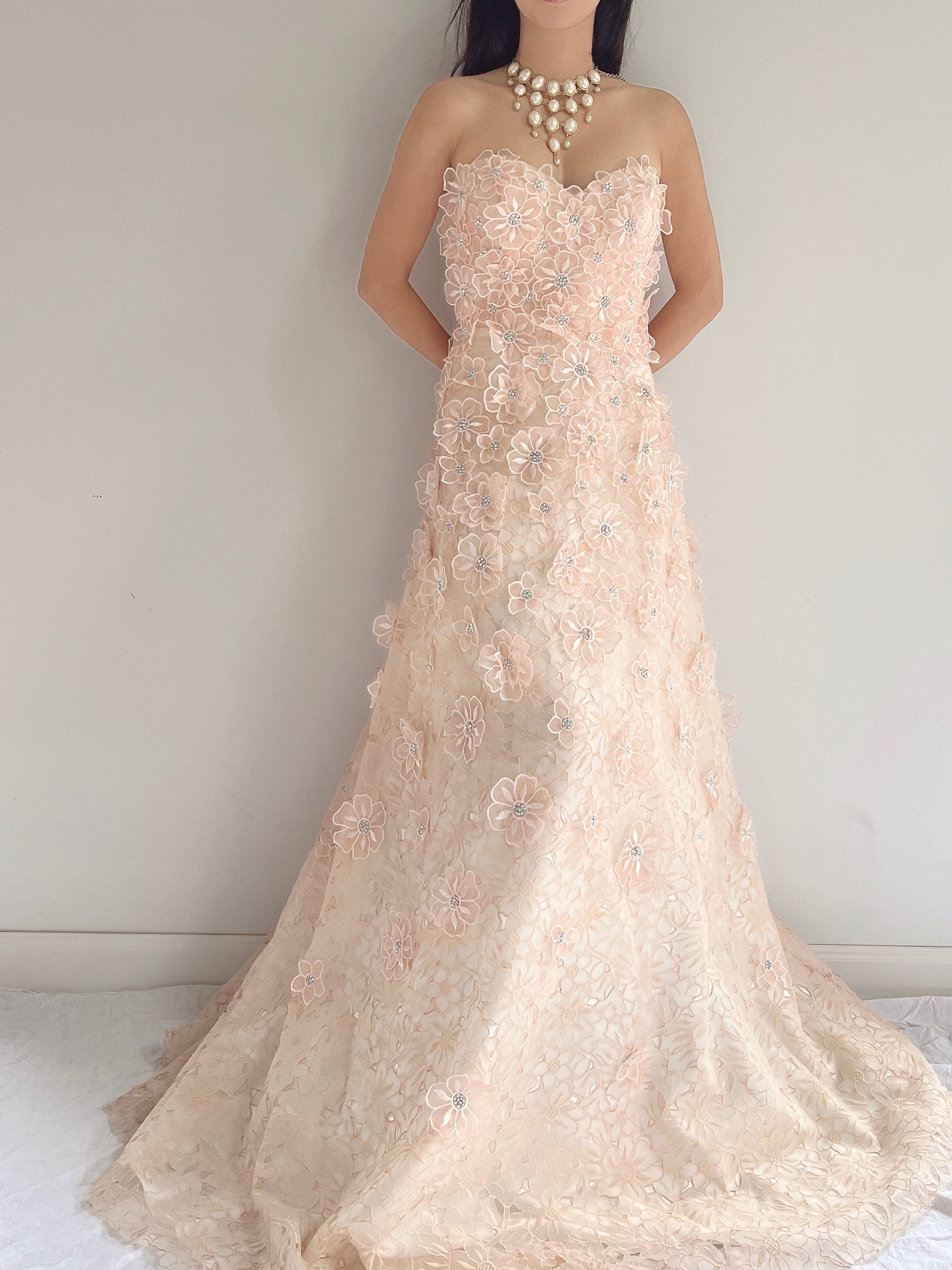 Y2K Peach Floral Applique Gown - S/6