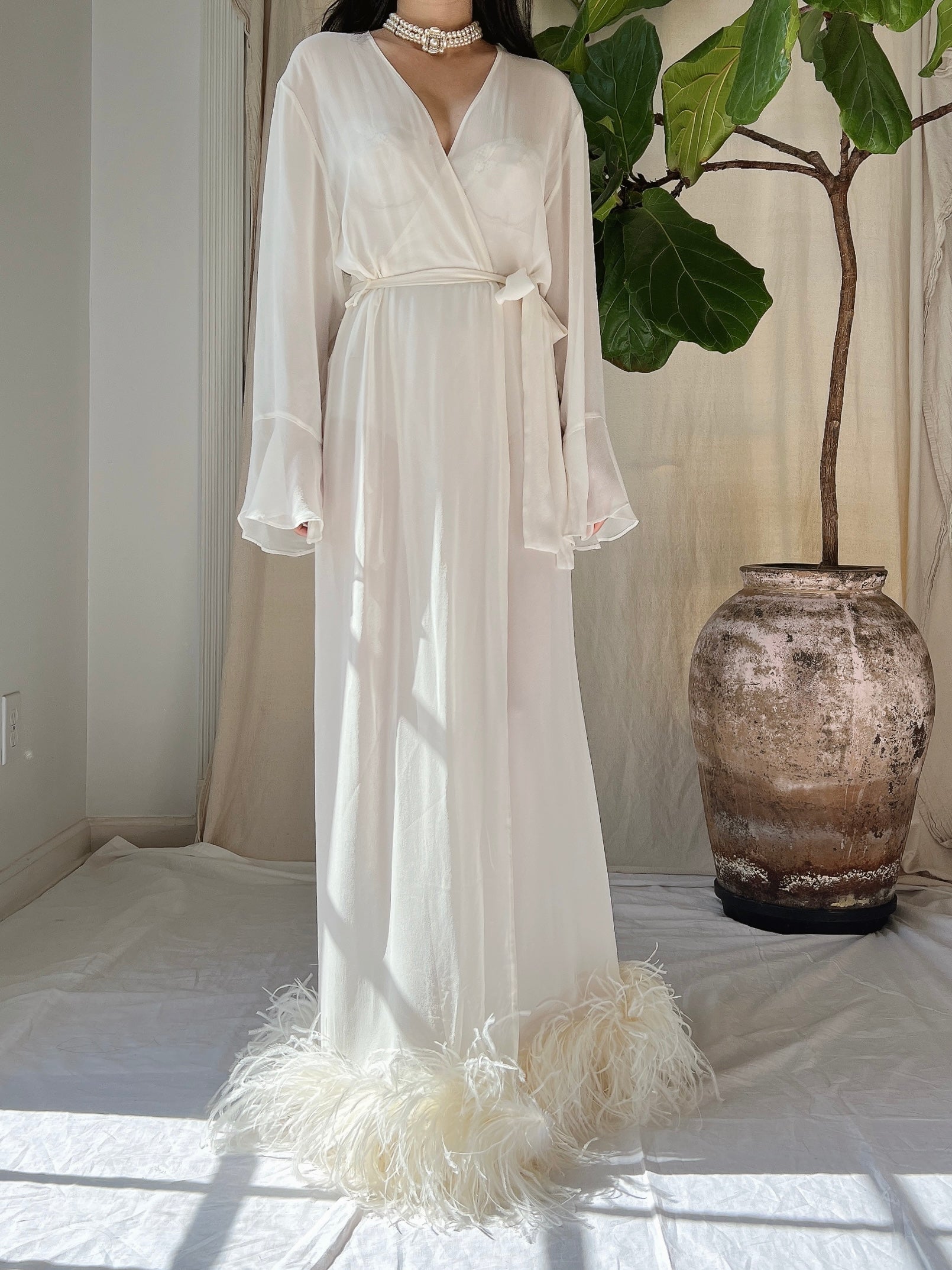 Vintage Silk Feathered Robe - M