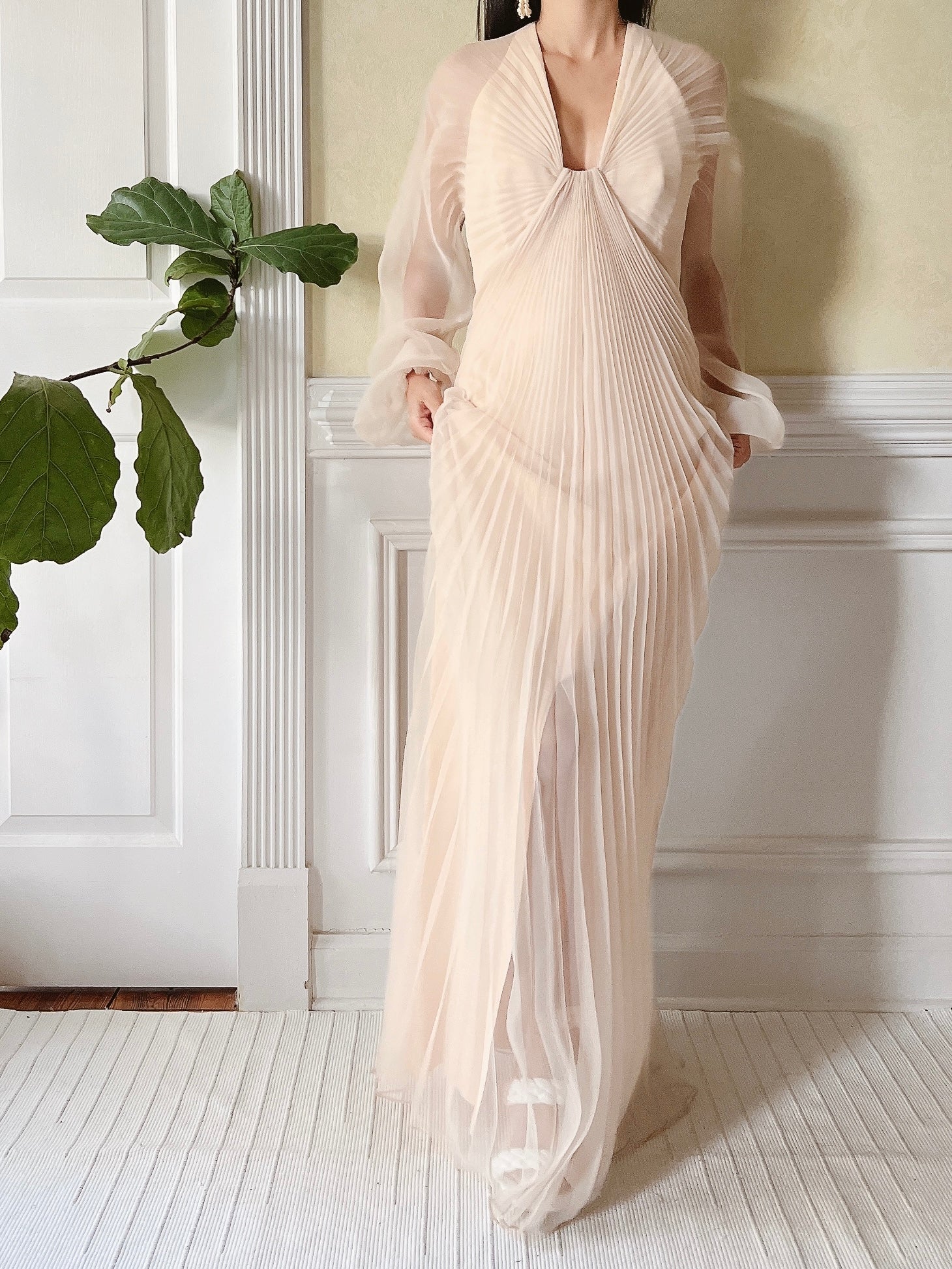 Vintage Eggshell Pleated Chiffon Dress - S