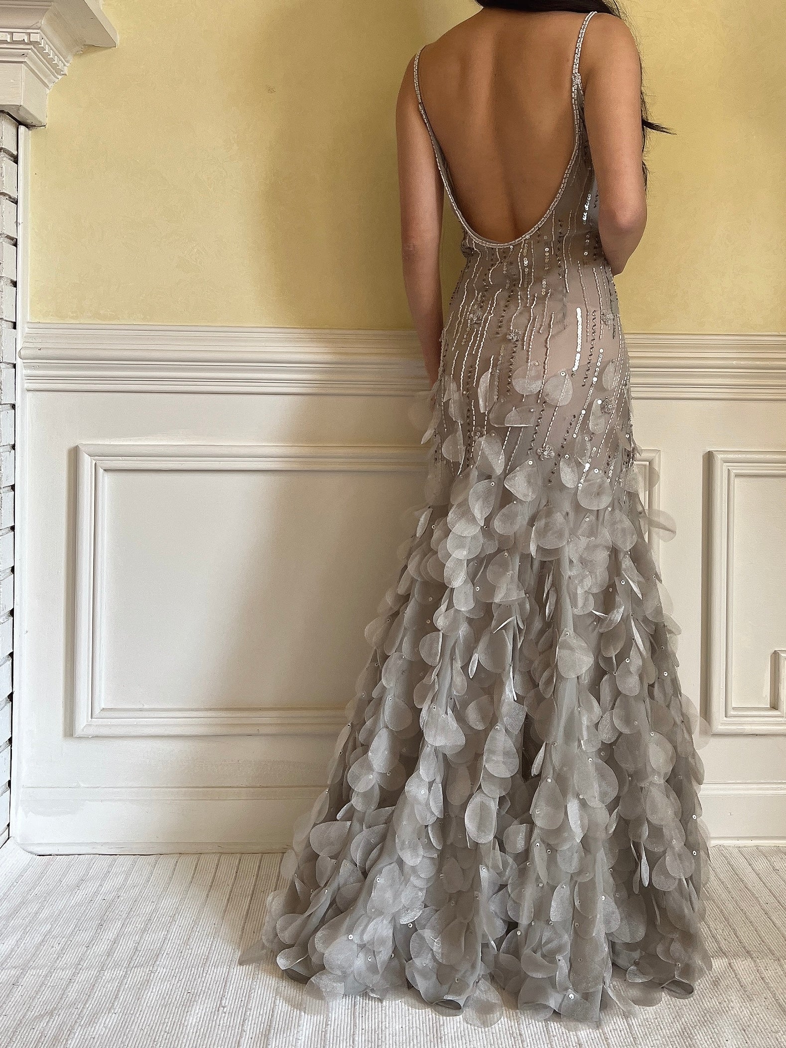Vintage Light Gray Silk Beaded Petal Dress - M