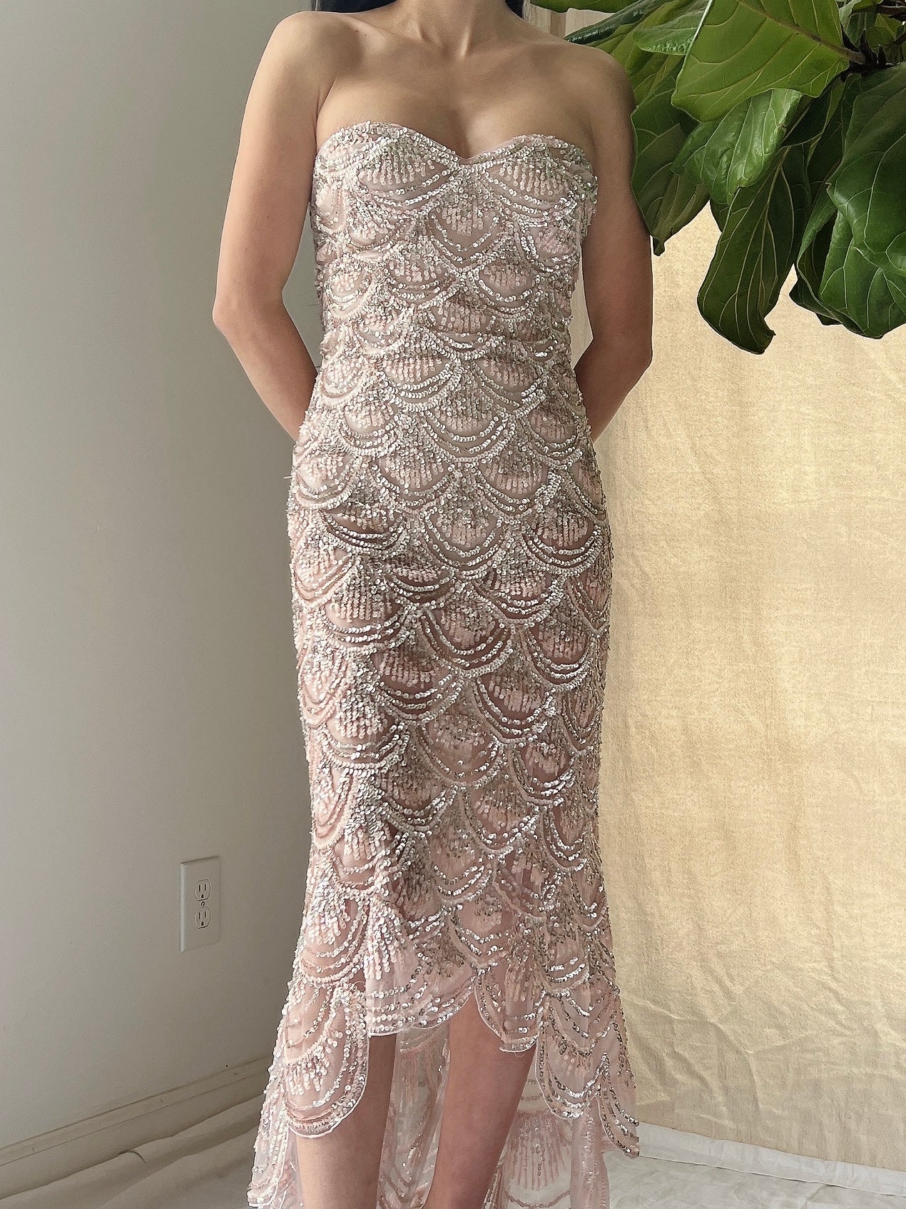 Strapless Sequins Tulle Hi-Low Dress - XS
