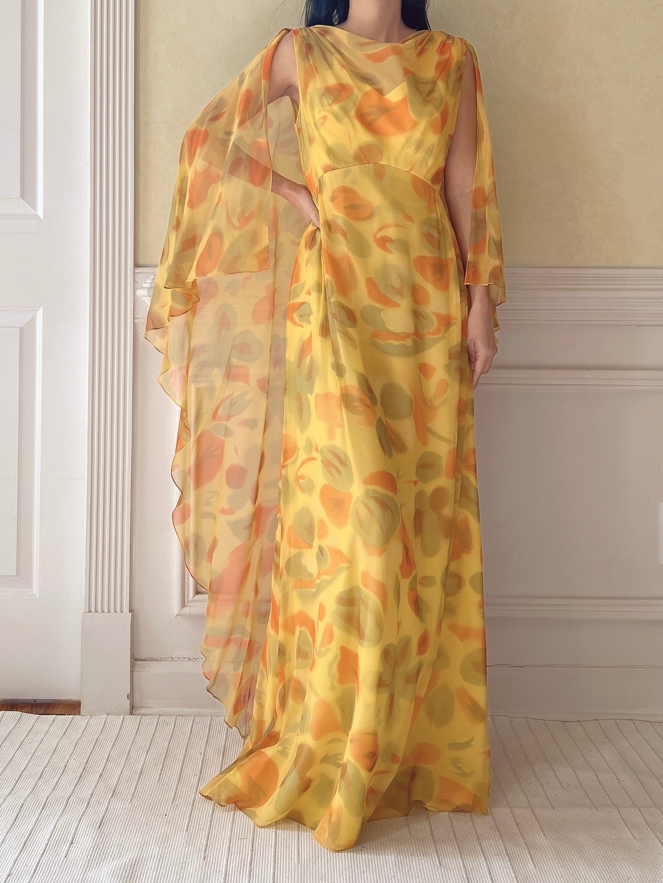 1960s Silk Chiffon Cape Gown - M