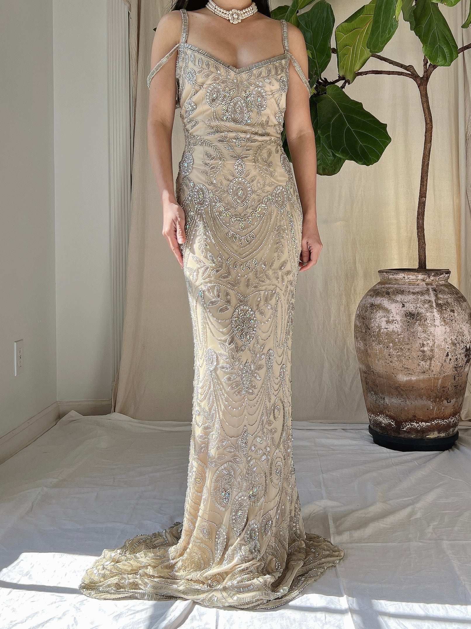 Beige Beaded Tulle Dress - S