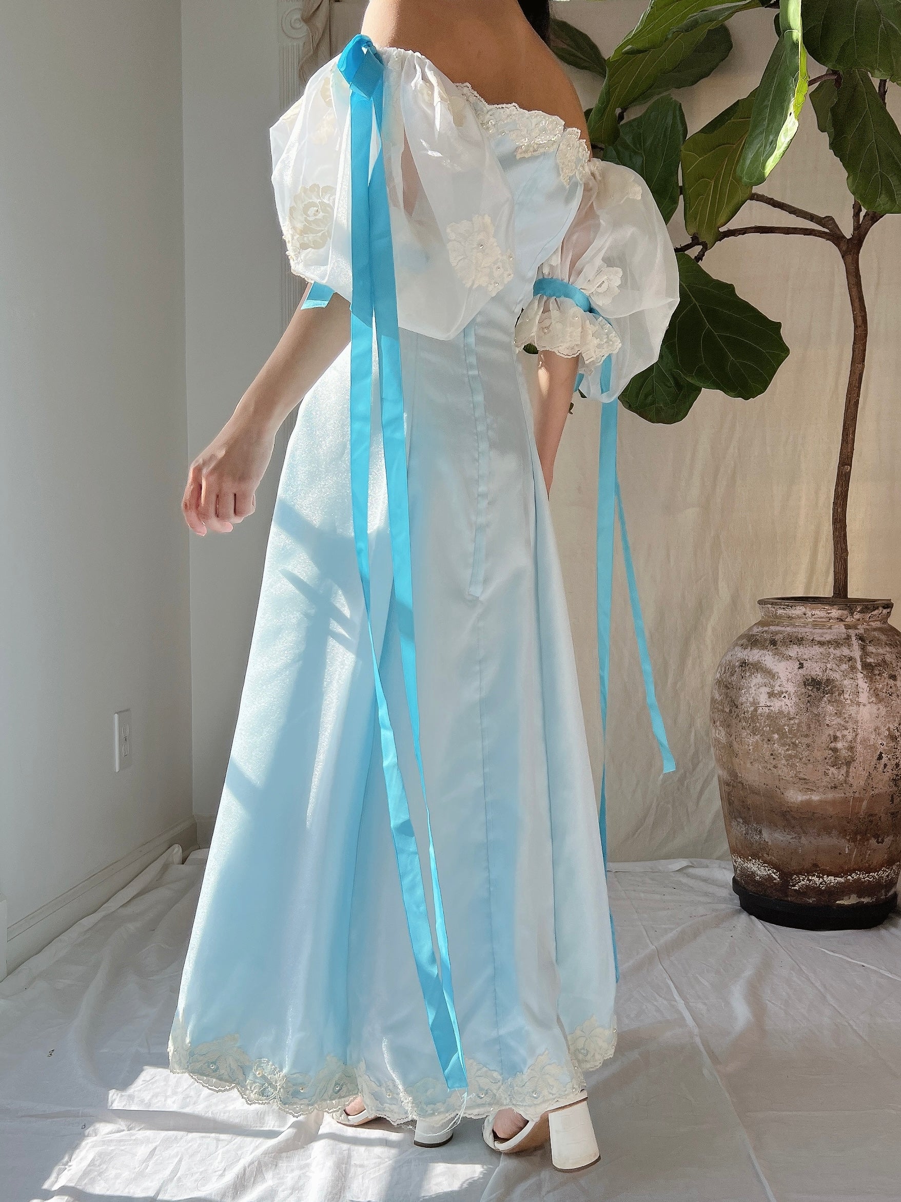1980s Puff Sleeve Cyan Dress - XS