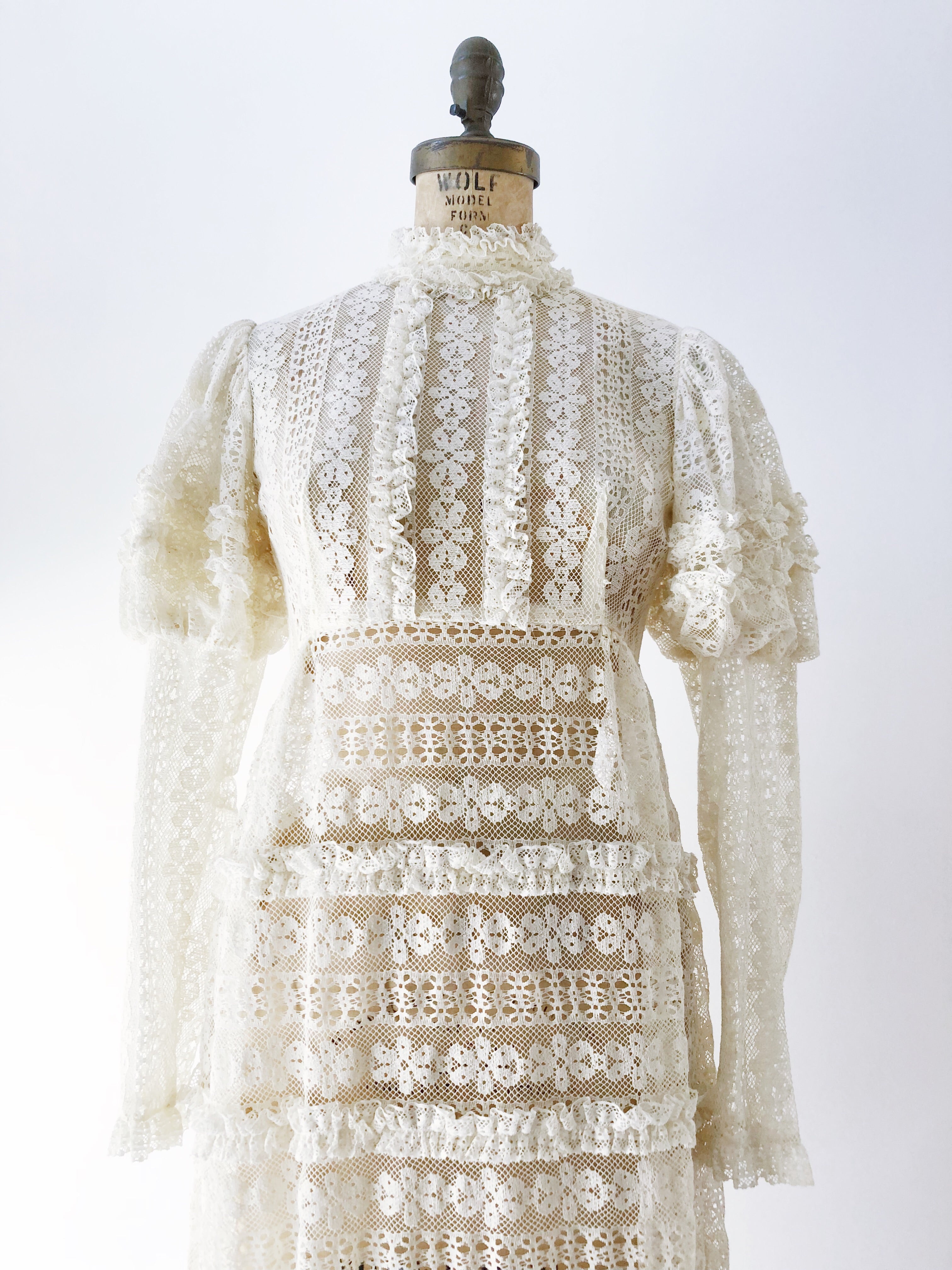 1970s Bohemian Puff Sleeves Lace Dress - S
