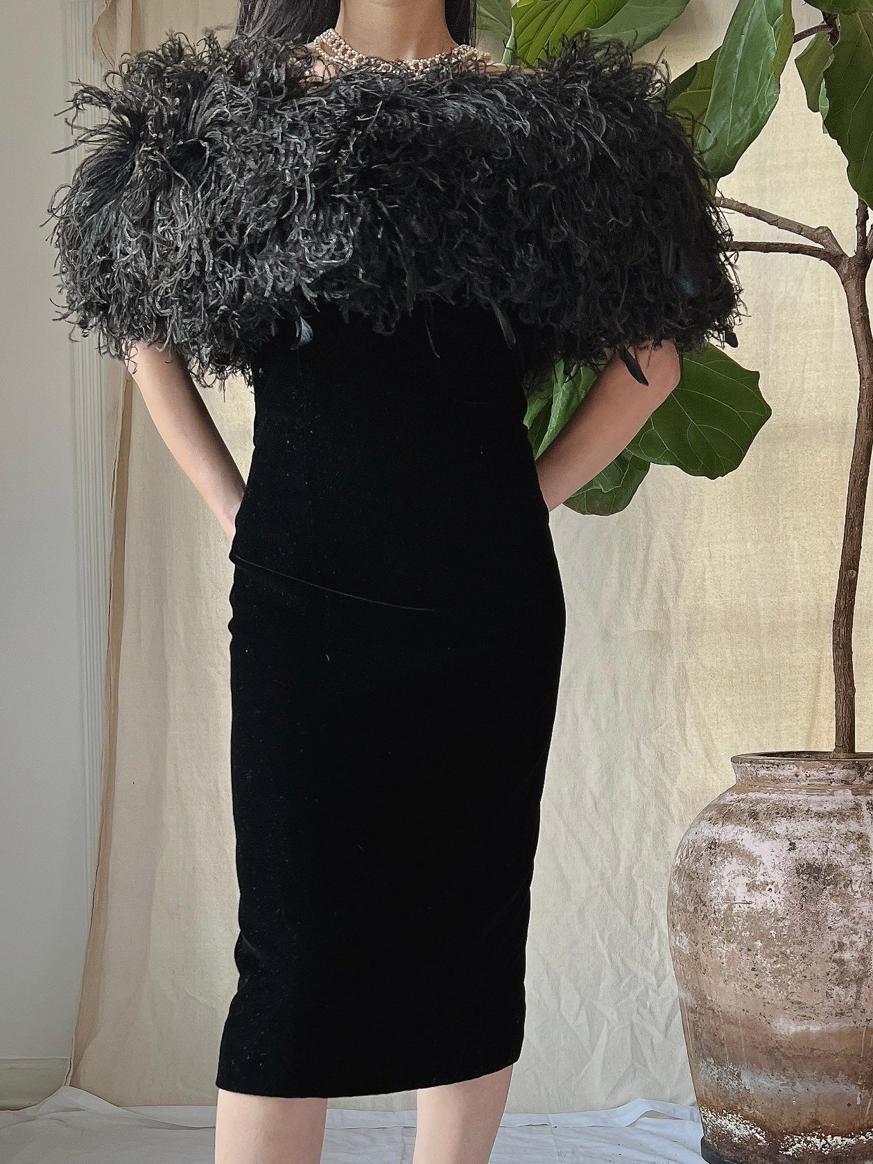 Vintage Ostrich Feather Collar Velvet Dress - XS