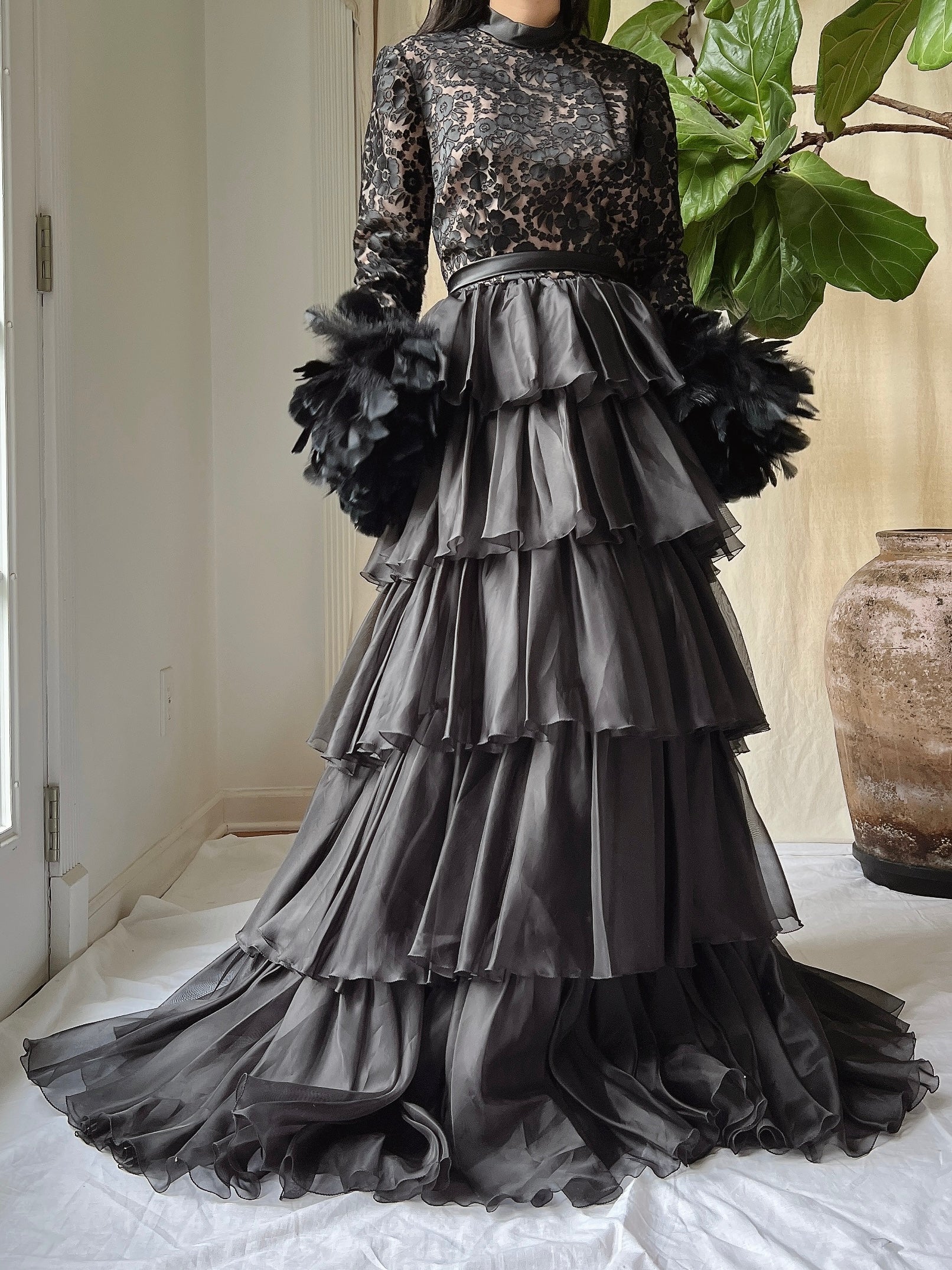 Vintage Organza Feather Sleeve Dress - XS/S