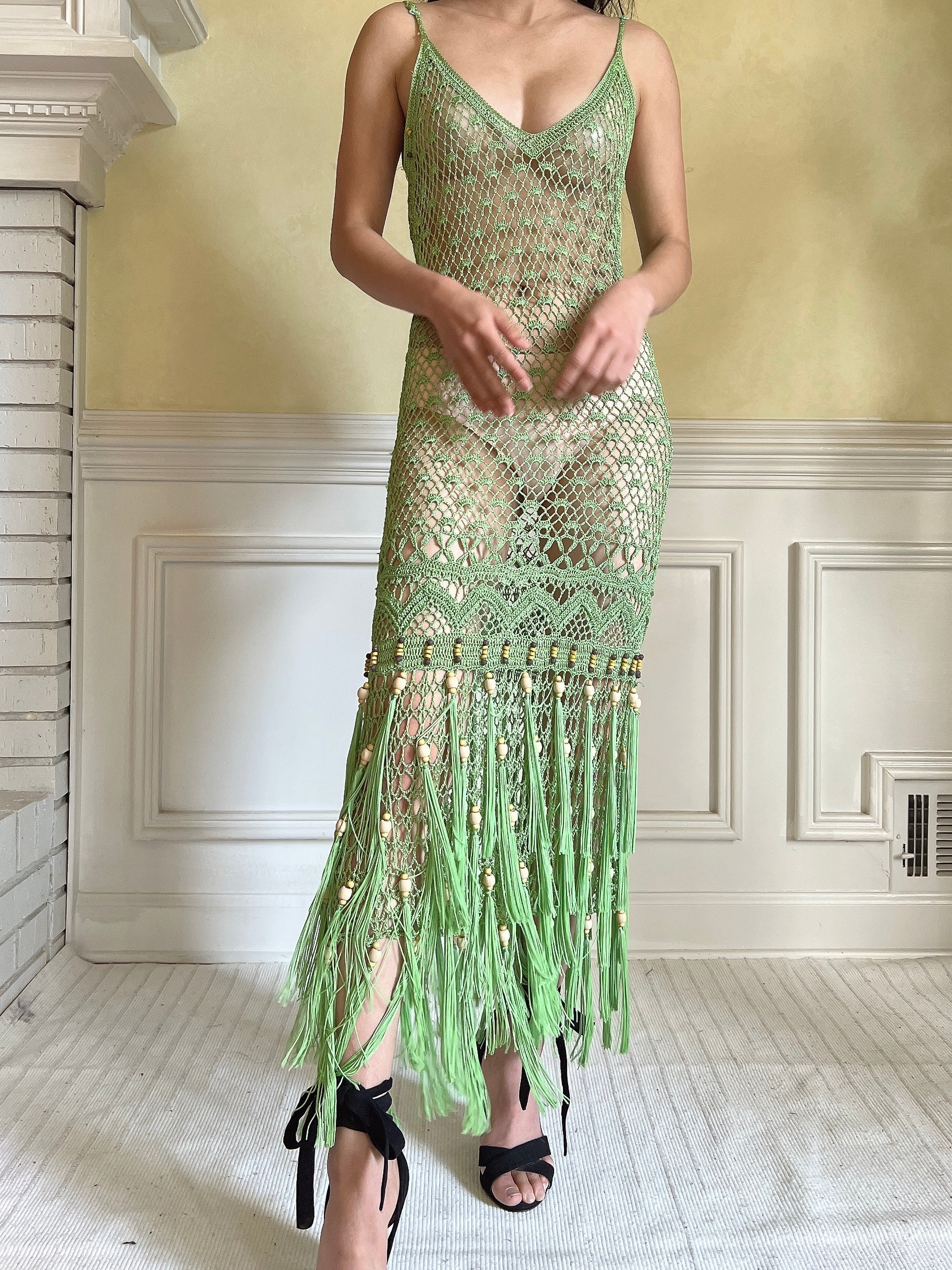 Vintage Light Green Fringe Crochet Dress - S-M