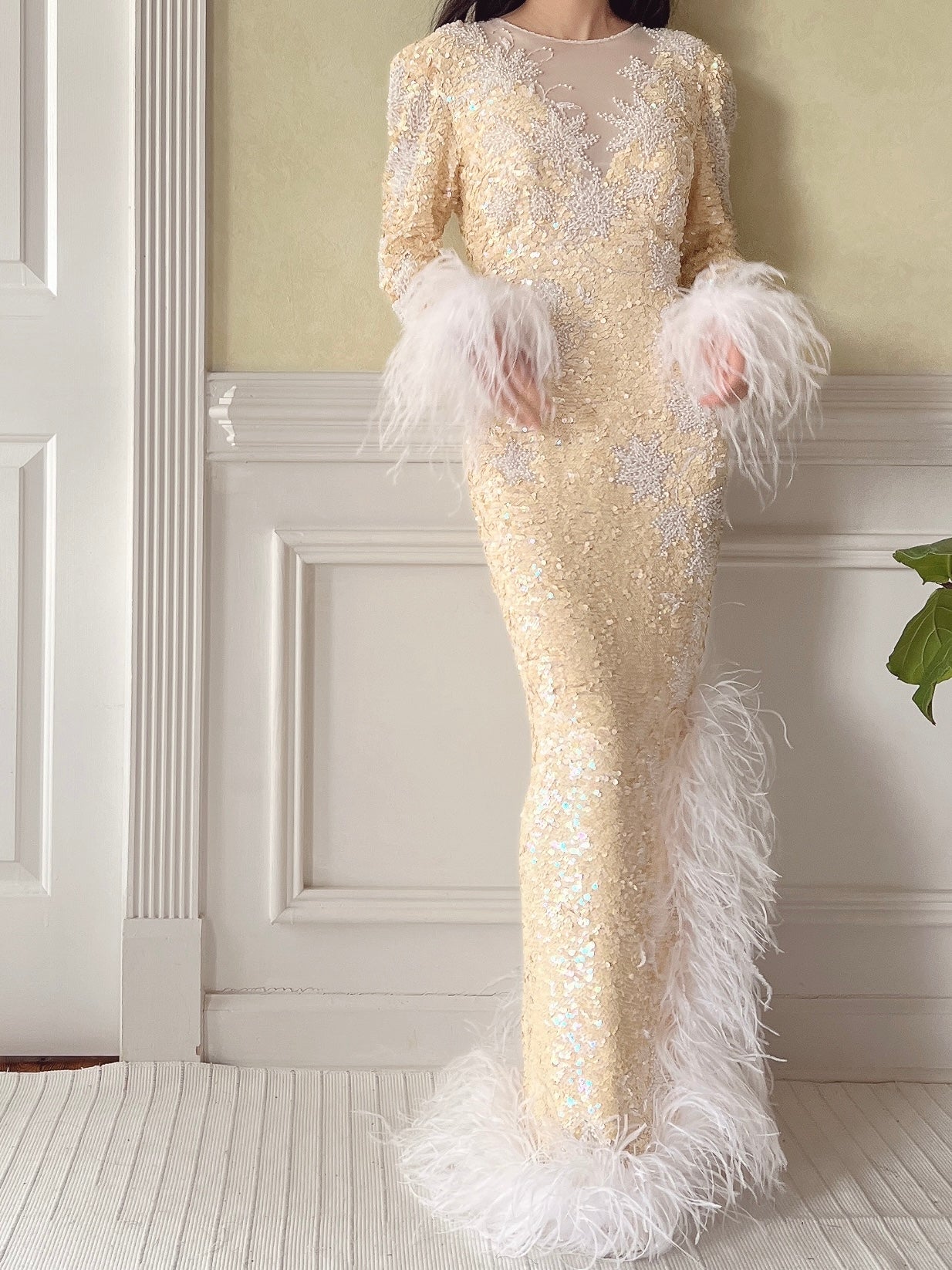 Vintage Silk Beaded Feathered Gown - S