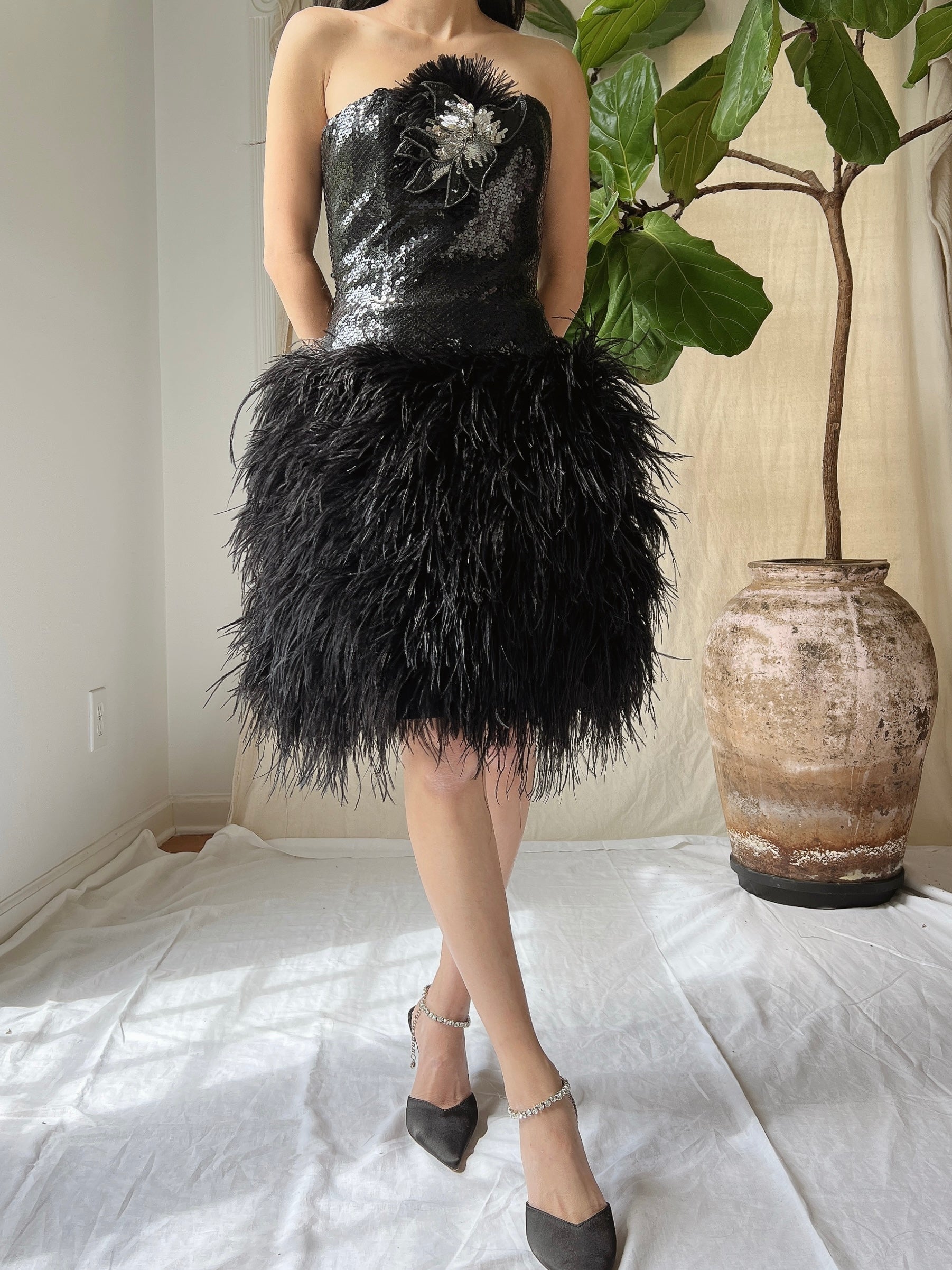 Vintage Sequins Feather Dress - XS/S