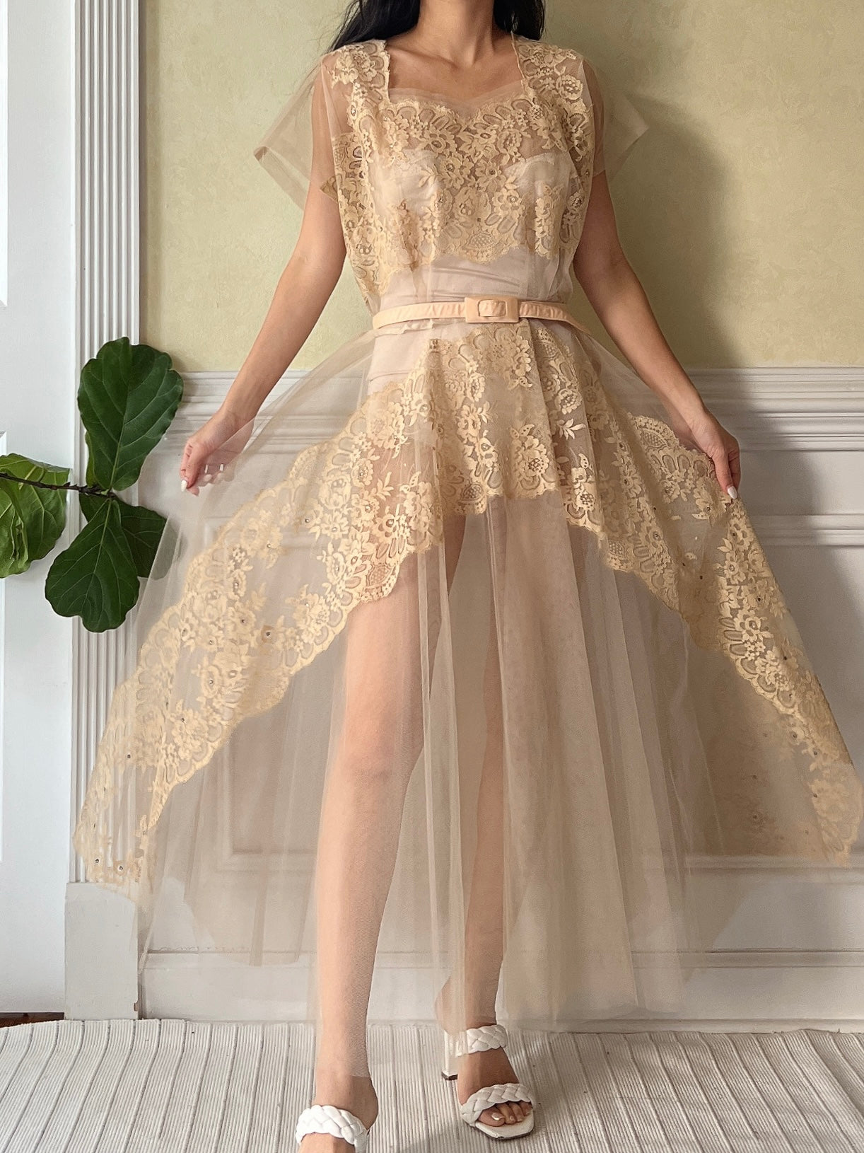 1950s Beige Tulle Sheer Dress - M