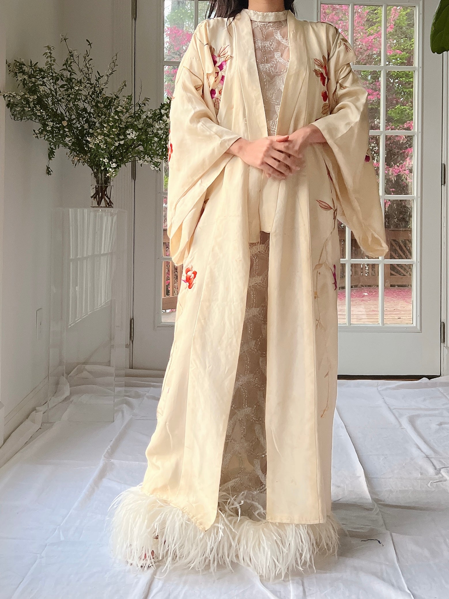 RARE Antique Couched Silk Floral Embroidered Kimono - OSFM