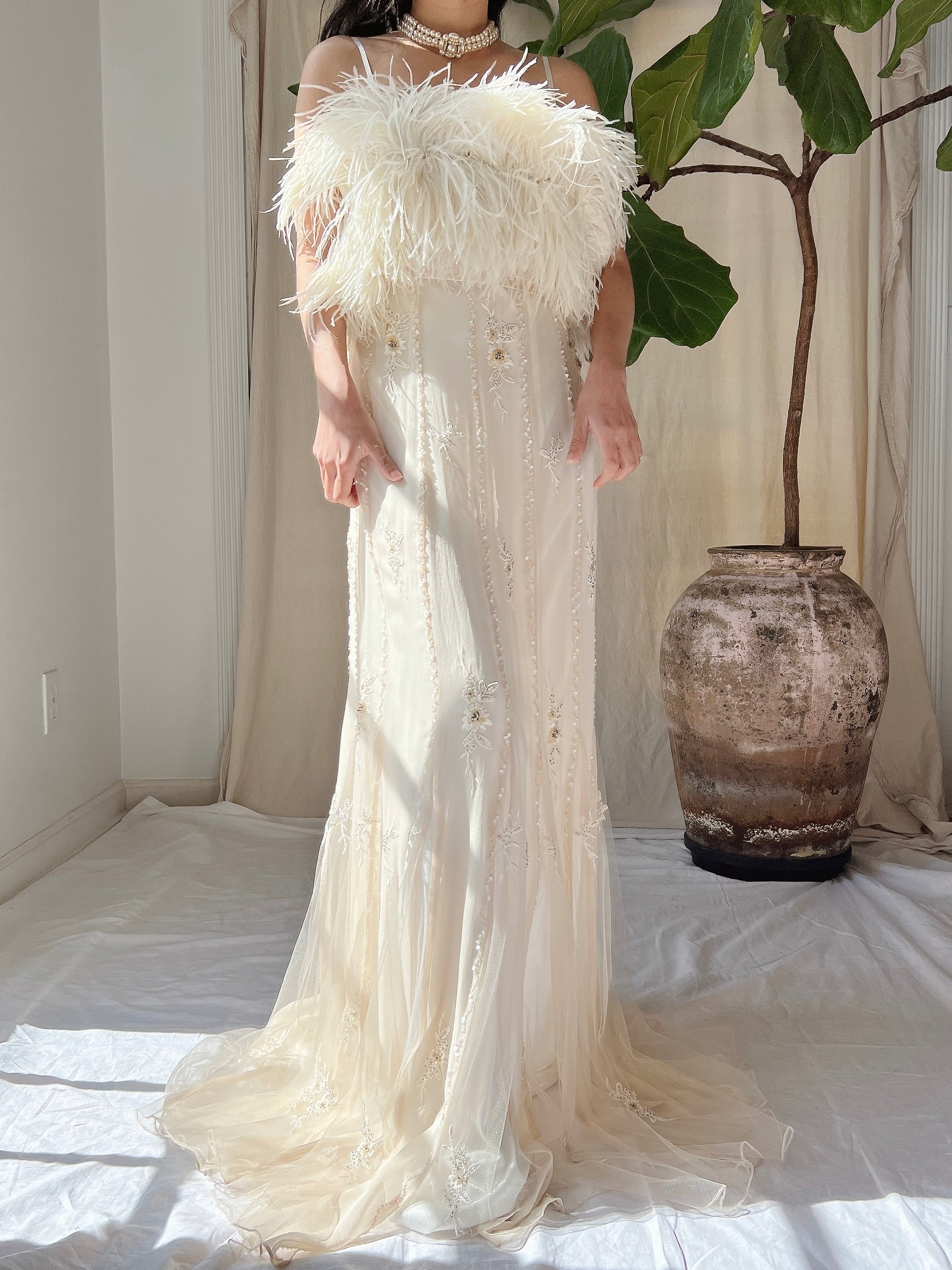 Vintage Silk Feather Dress - S/M