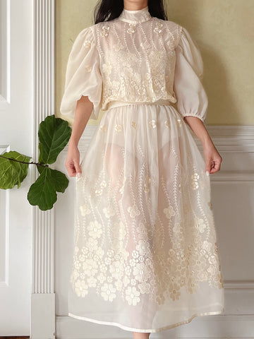 1980s Embroidered Puff Sleeves Dress - S-M