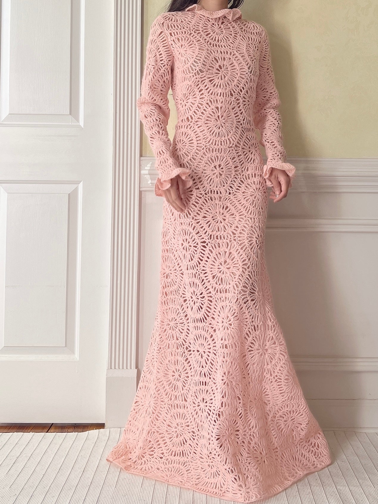 Vintage Pink Crochet Gown - M
