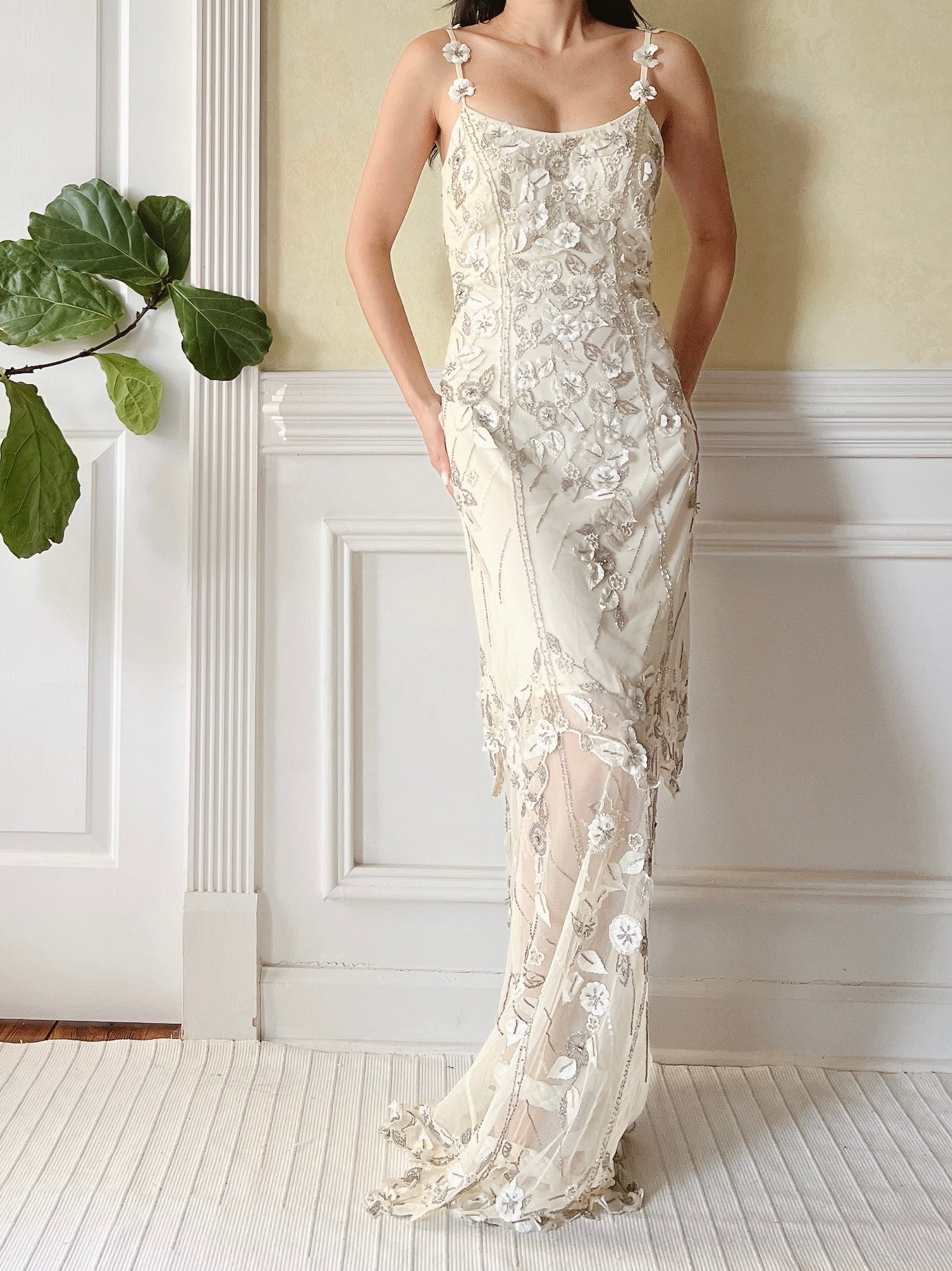 1980s Tulle Beaded Silk Flower Applique Dress - S