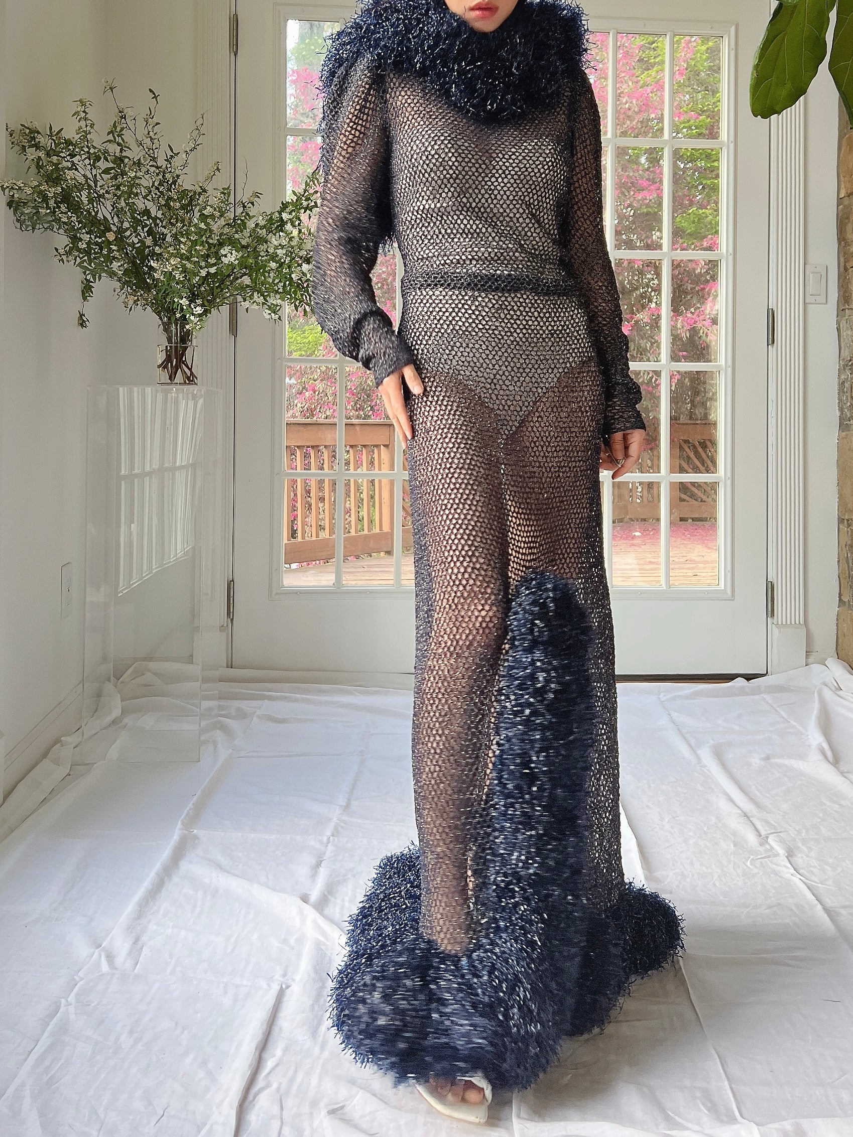 1930s Metallic Woven Navy Blue Gown - M