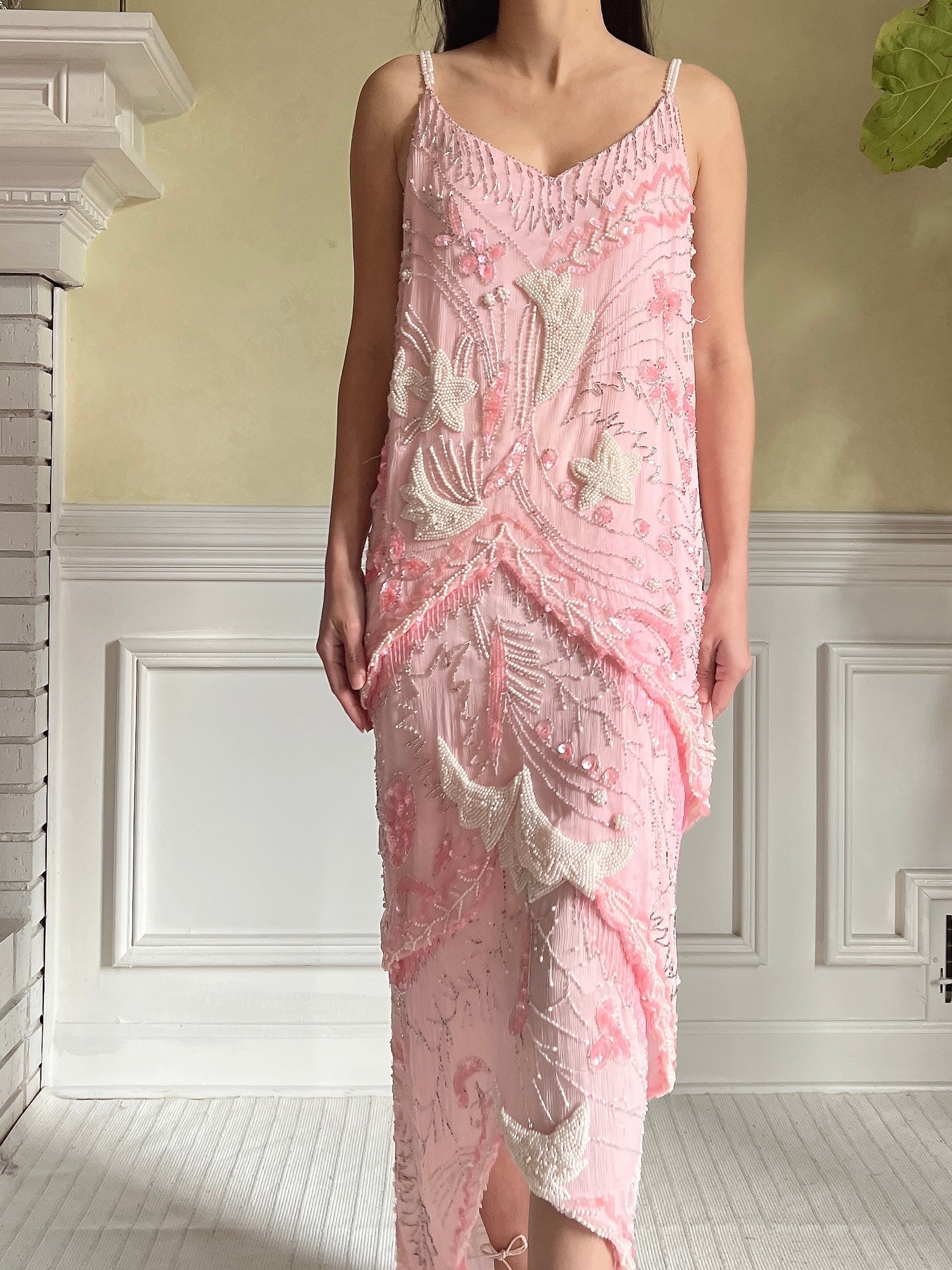Vintage Pink Silk Beaded Dress - S-M
