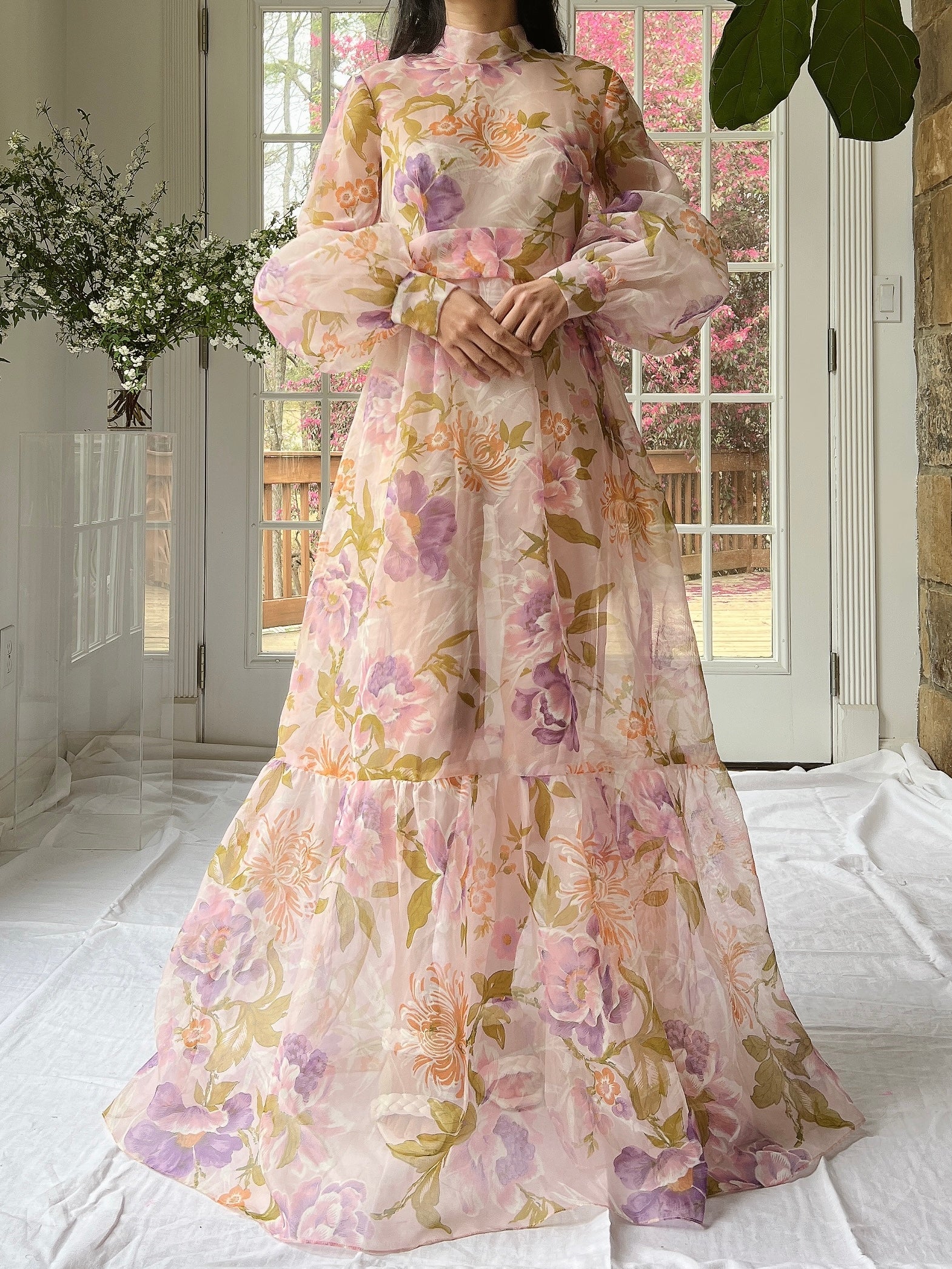 Vintage Sheer Pink Floral Voile Dress - M