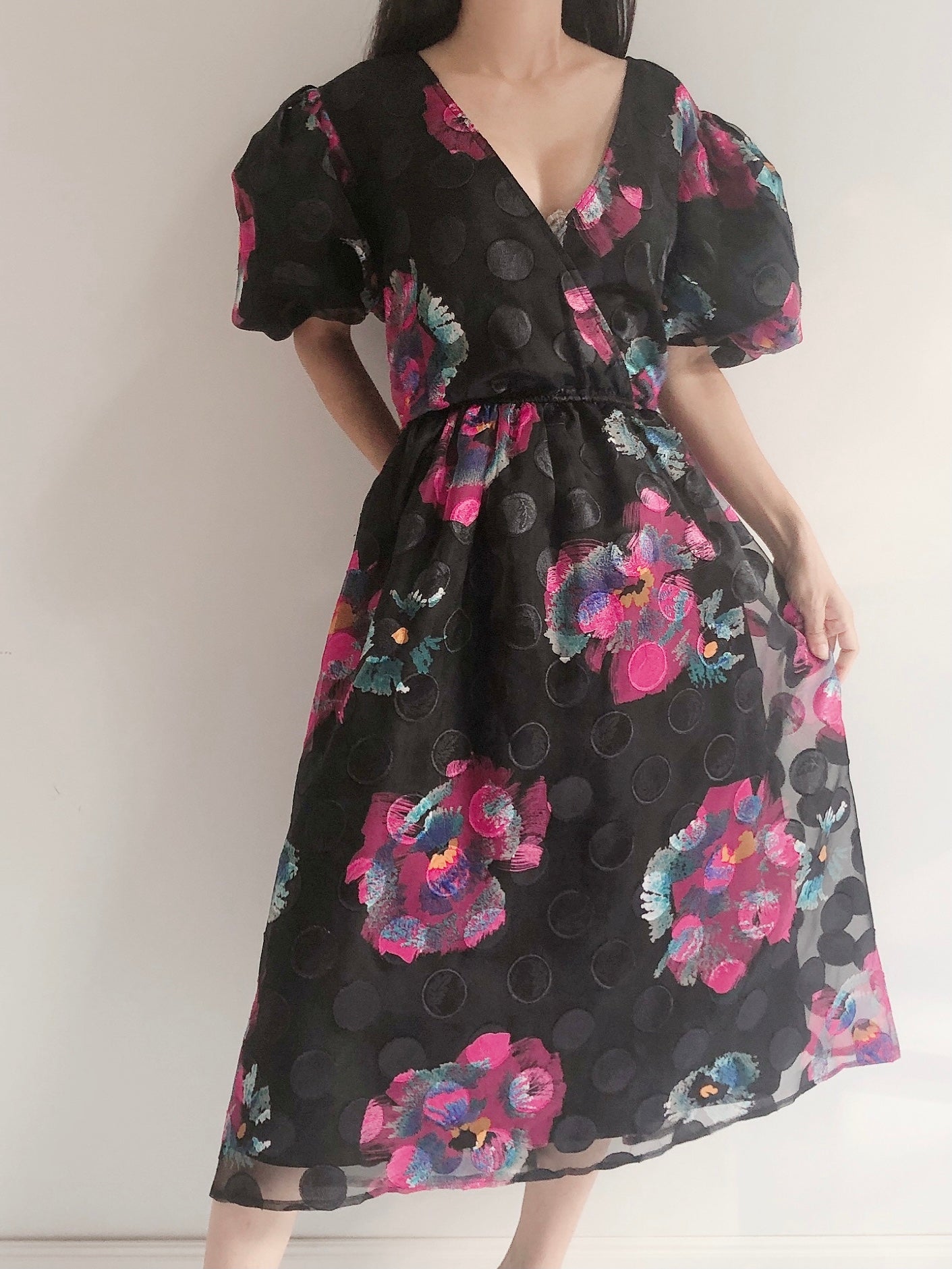 Vintage Puff Sleeves Floral Dress - S-M