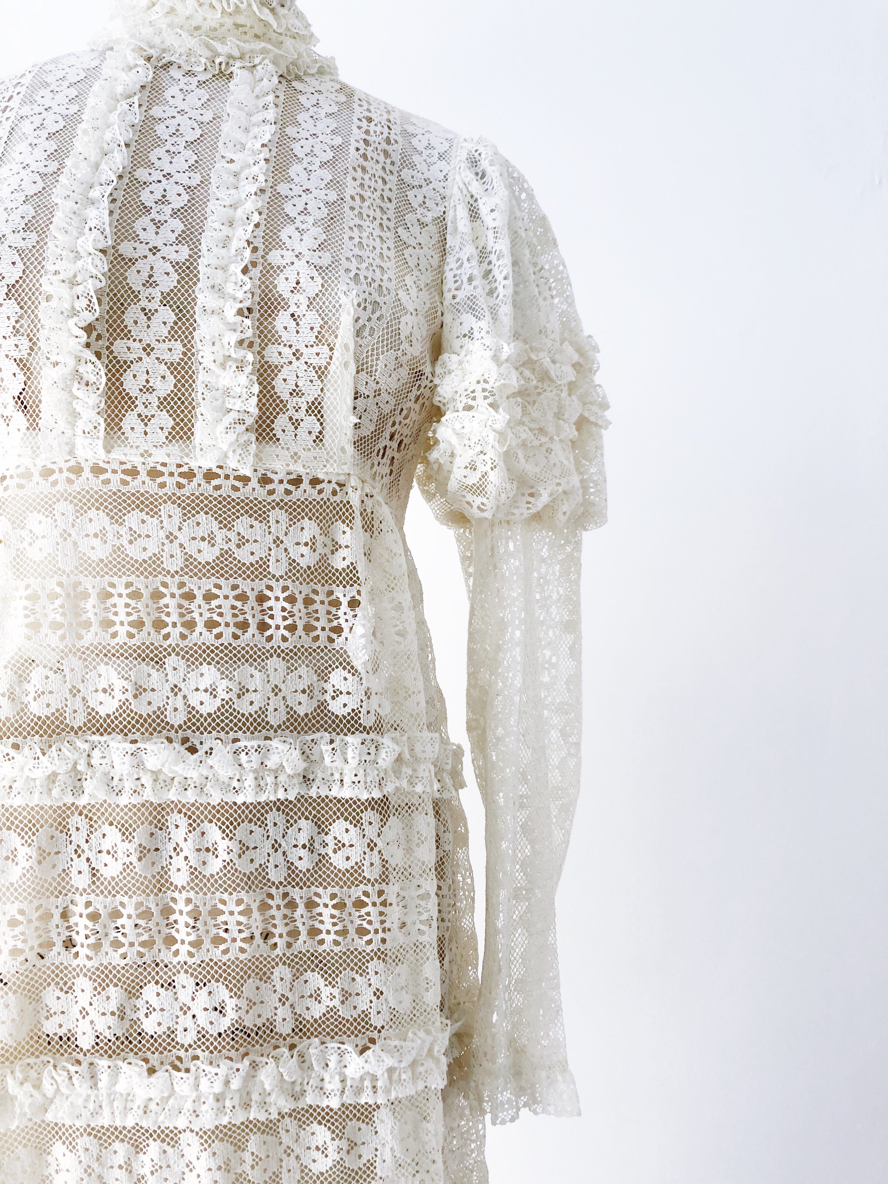 1970s Bohemian Puff Sleeves Lace Dress - S