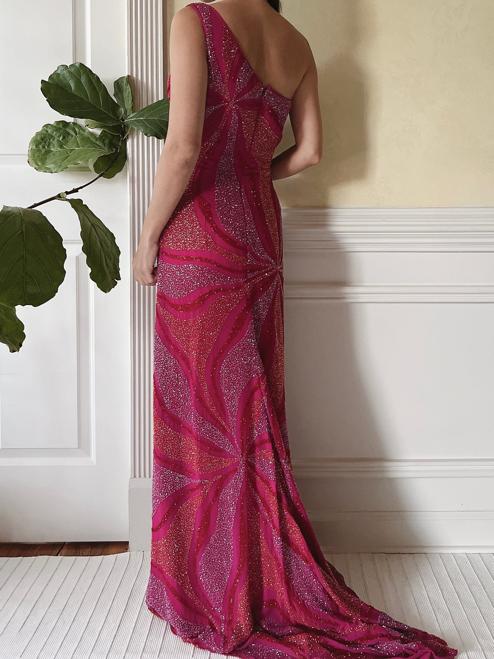 Vintage One-Shoulder Abstract Silk Beaded Dress - S
