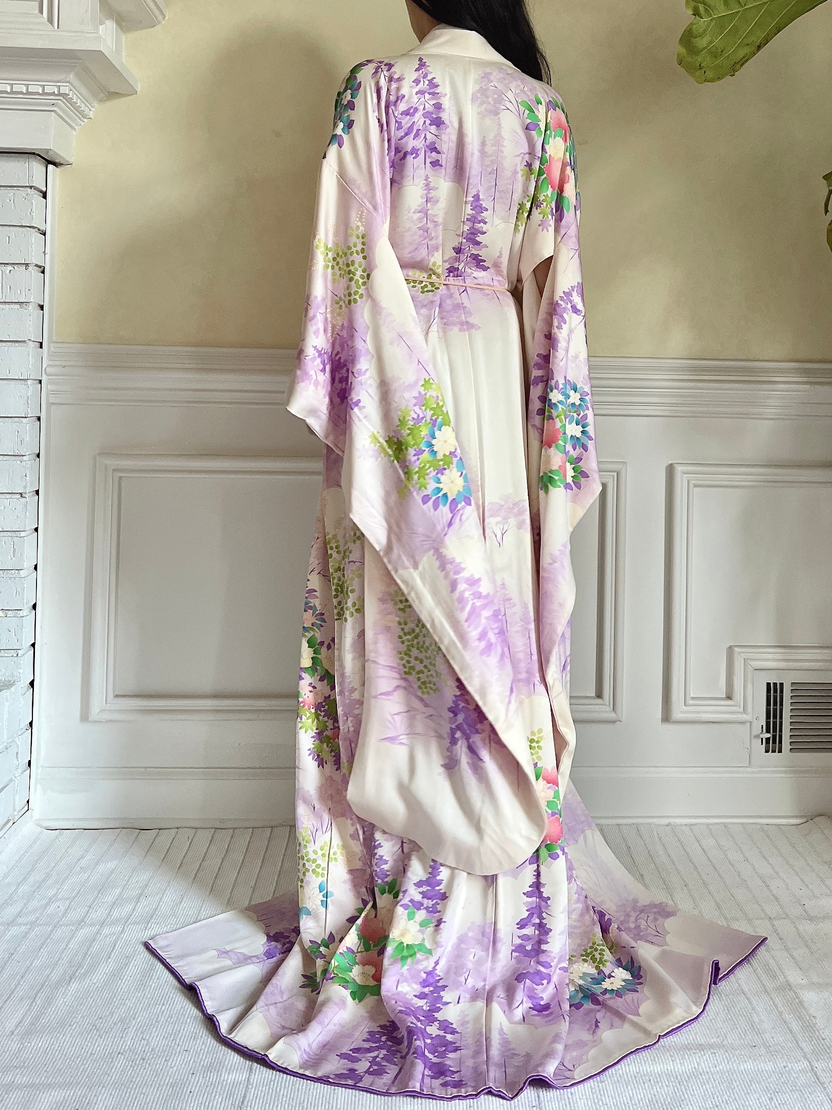 Vintage Lavender Trees and Floral Silk Kimono - OSFM