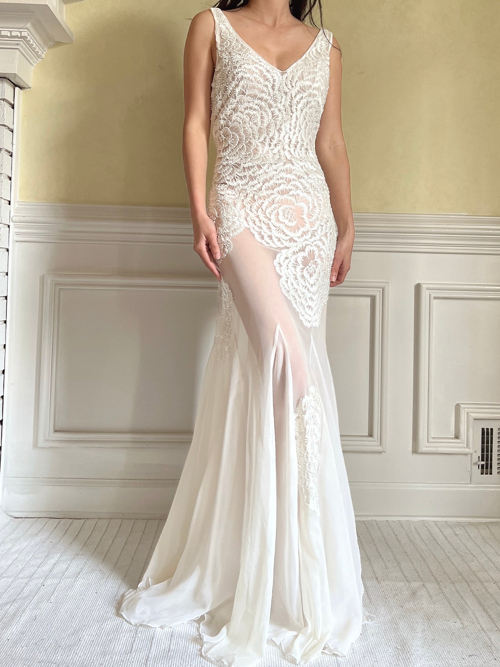 1990s Embroidered Chiffon Beaded Gown - S/4