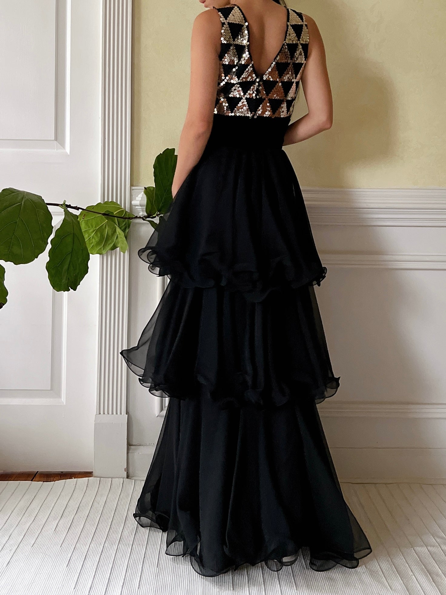 1960s Tiered Sequins and Chiffon Dress  - S