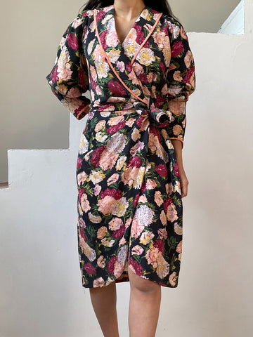 Vintage Silk Floral Print Wrap Dress/Duster - M