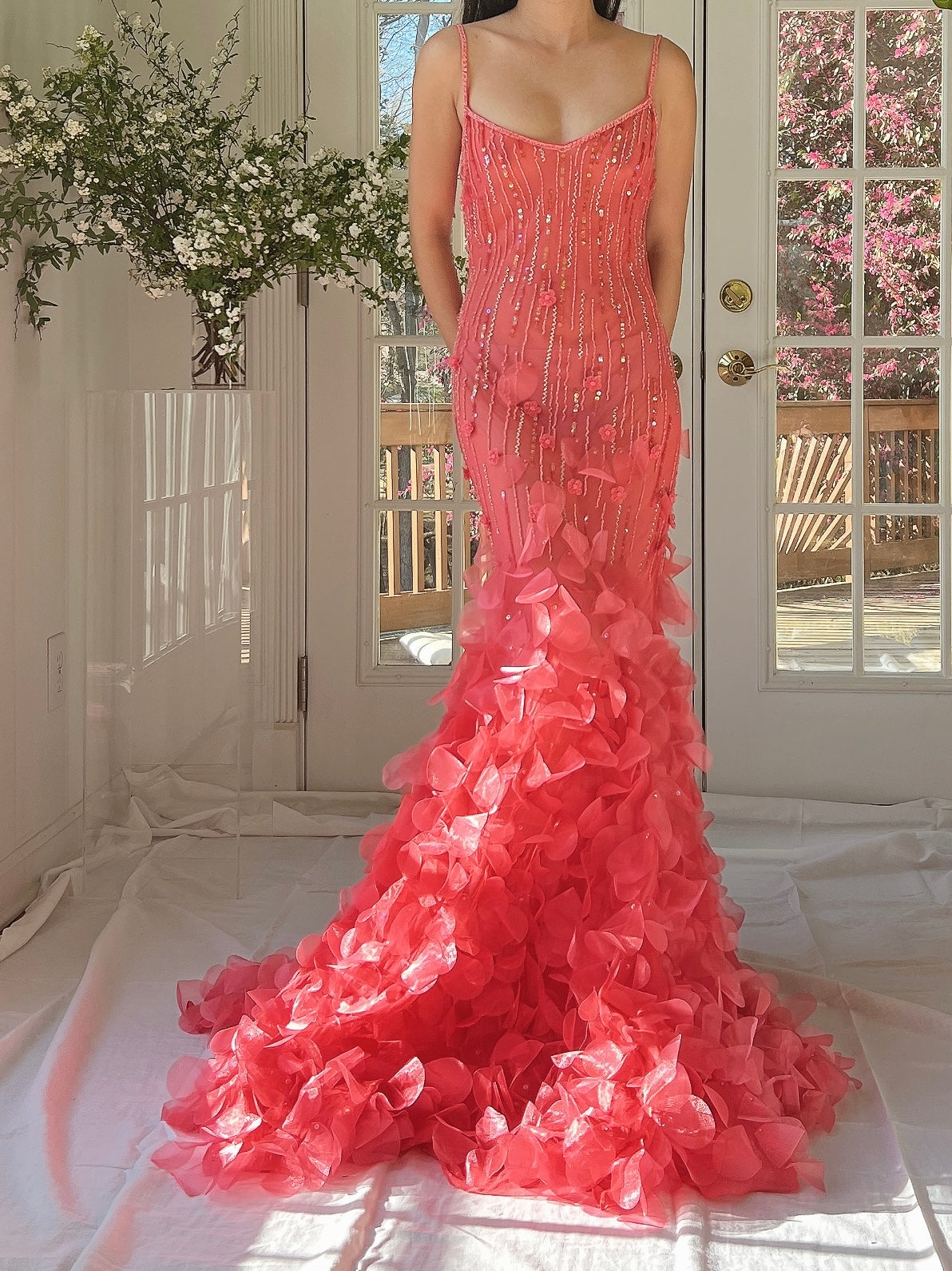 Vintage Coral Silk Petal Dress