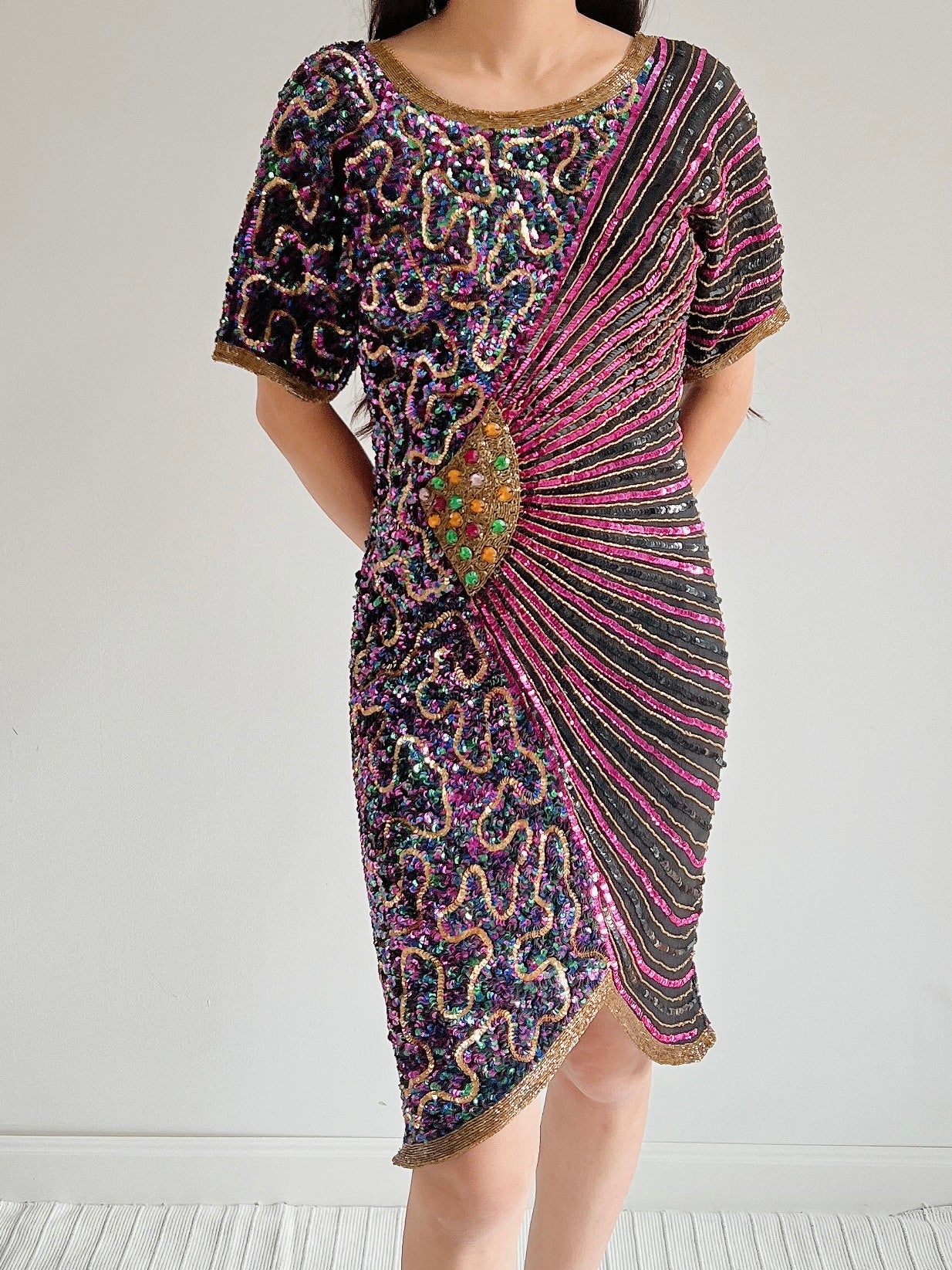 1980s Abstract Silk Beaded Dress - S