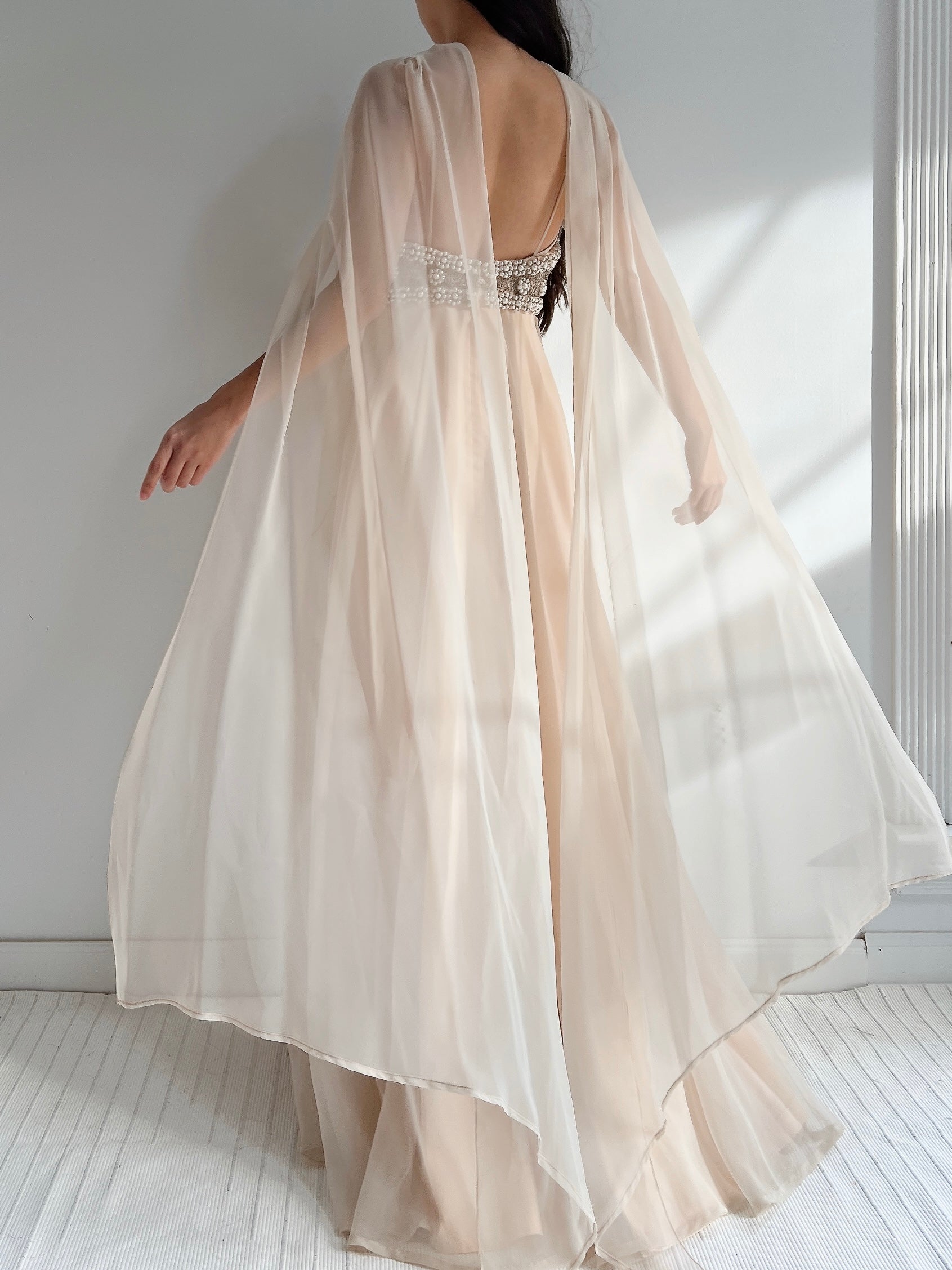 1960s Empire Chiffon Beaded Gown - XS