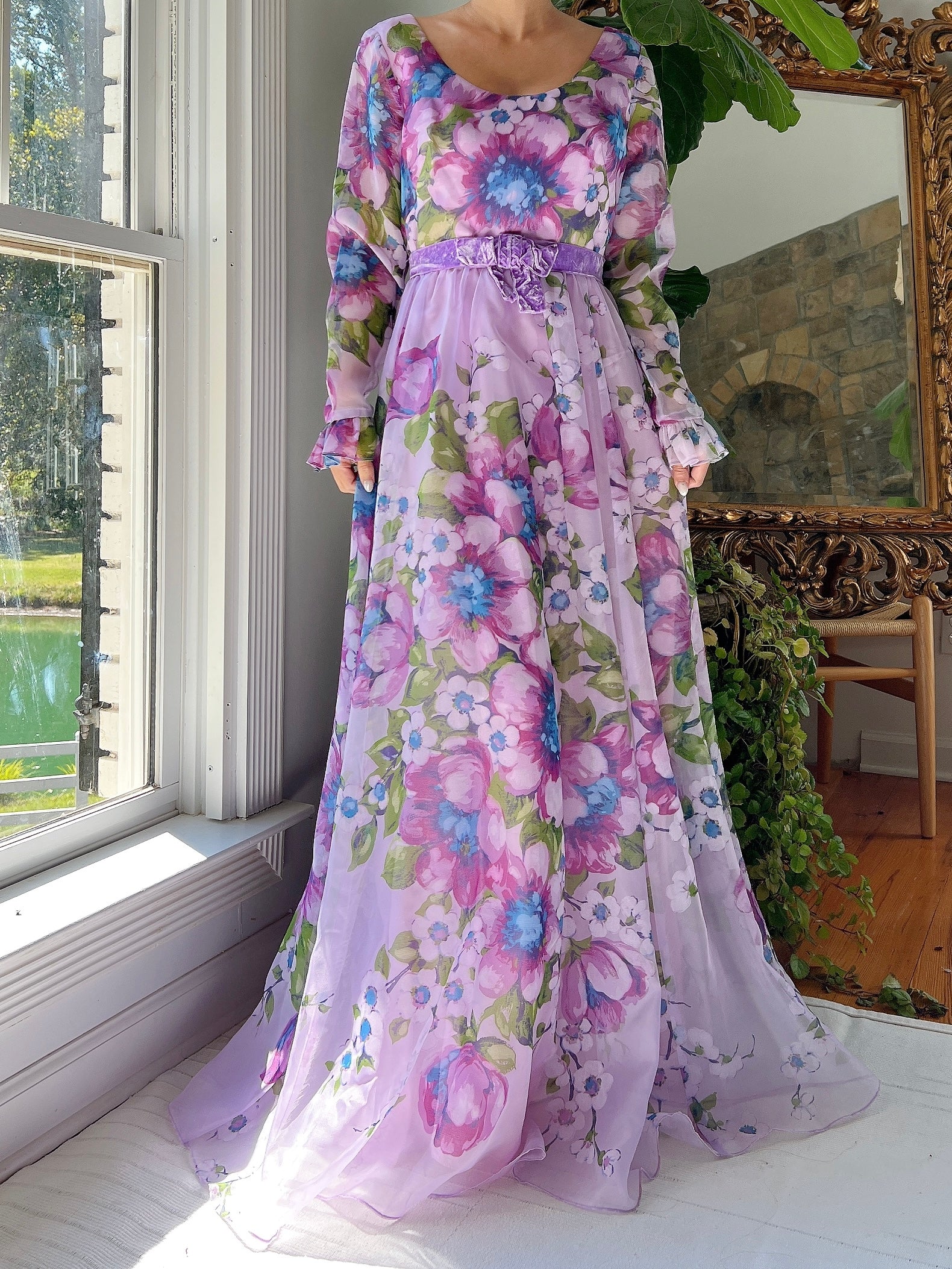 Vintage Nylon Chiffon Floral Dress - S