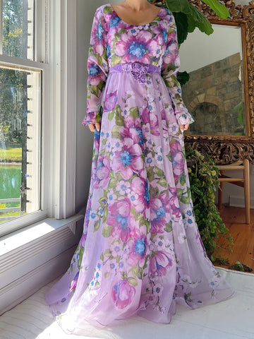 Vintage Nylon Chiffon Floral Dress - S