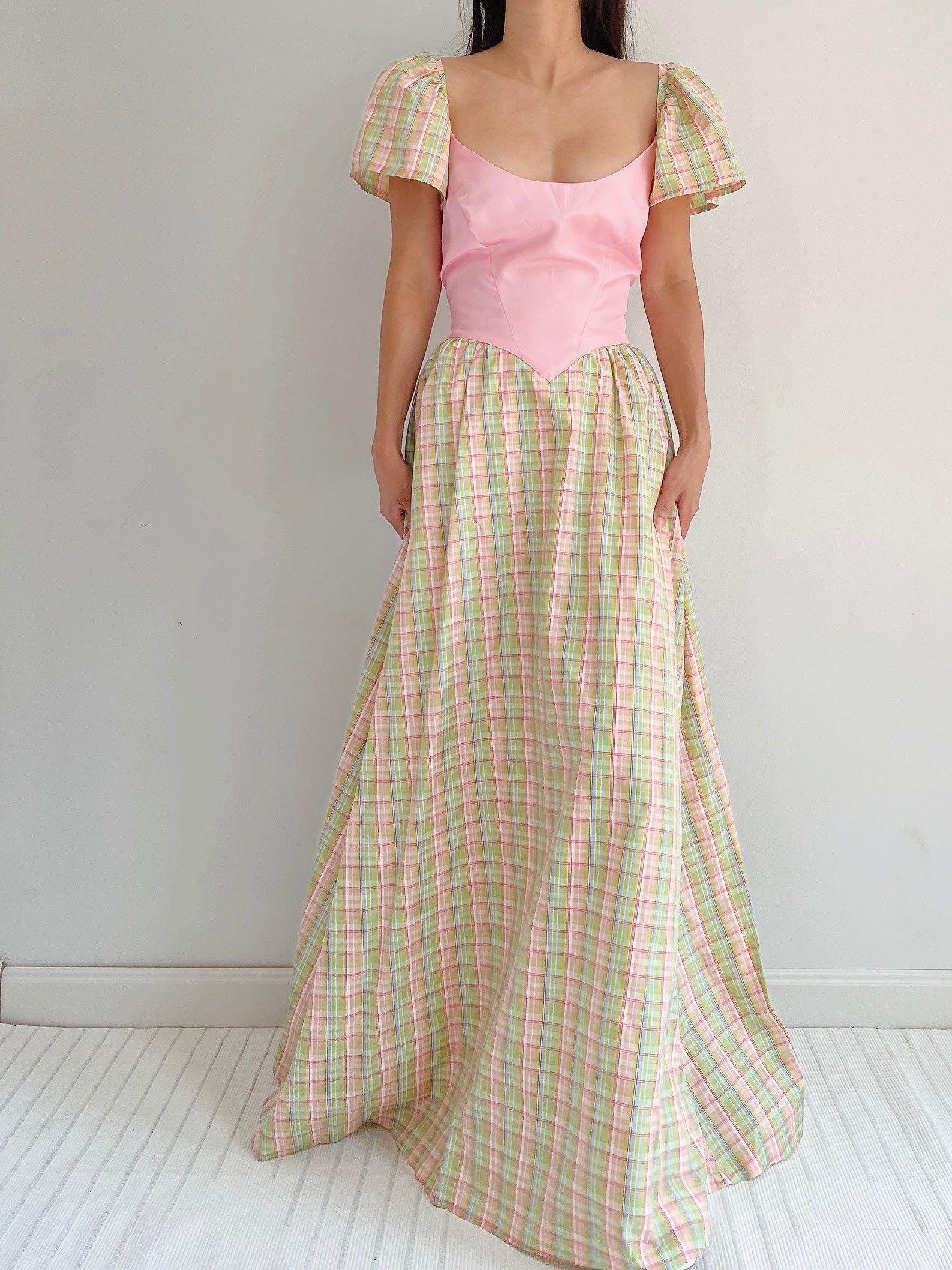 1970s Vintage Plaid Taffeta Dress - M