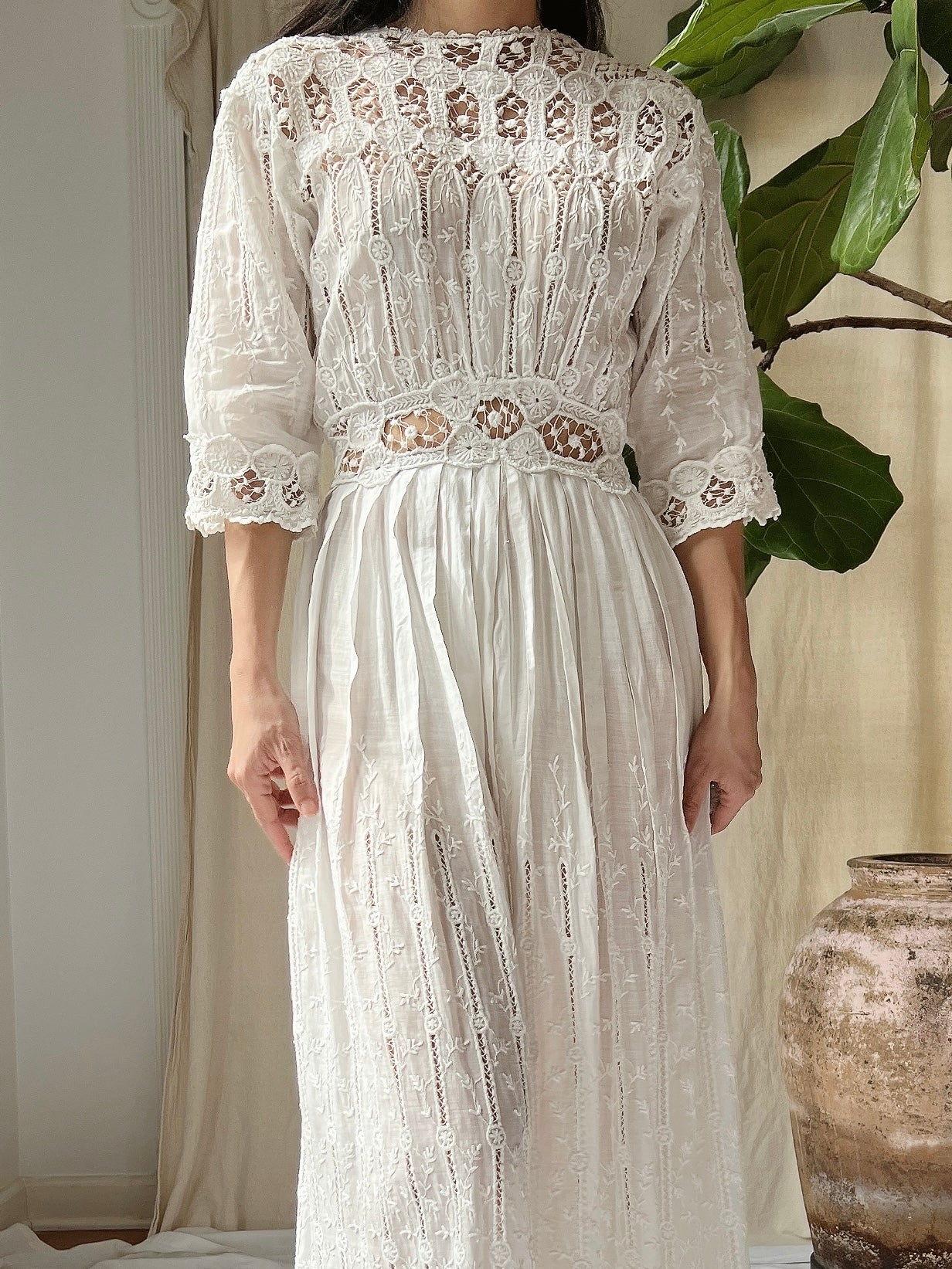 Antique Cotton Embroidered Dress - S