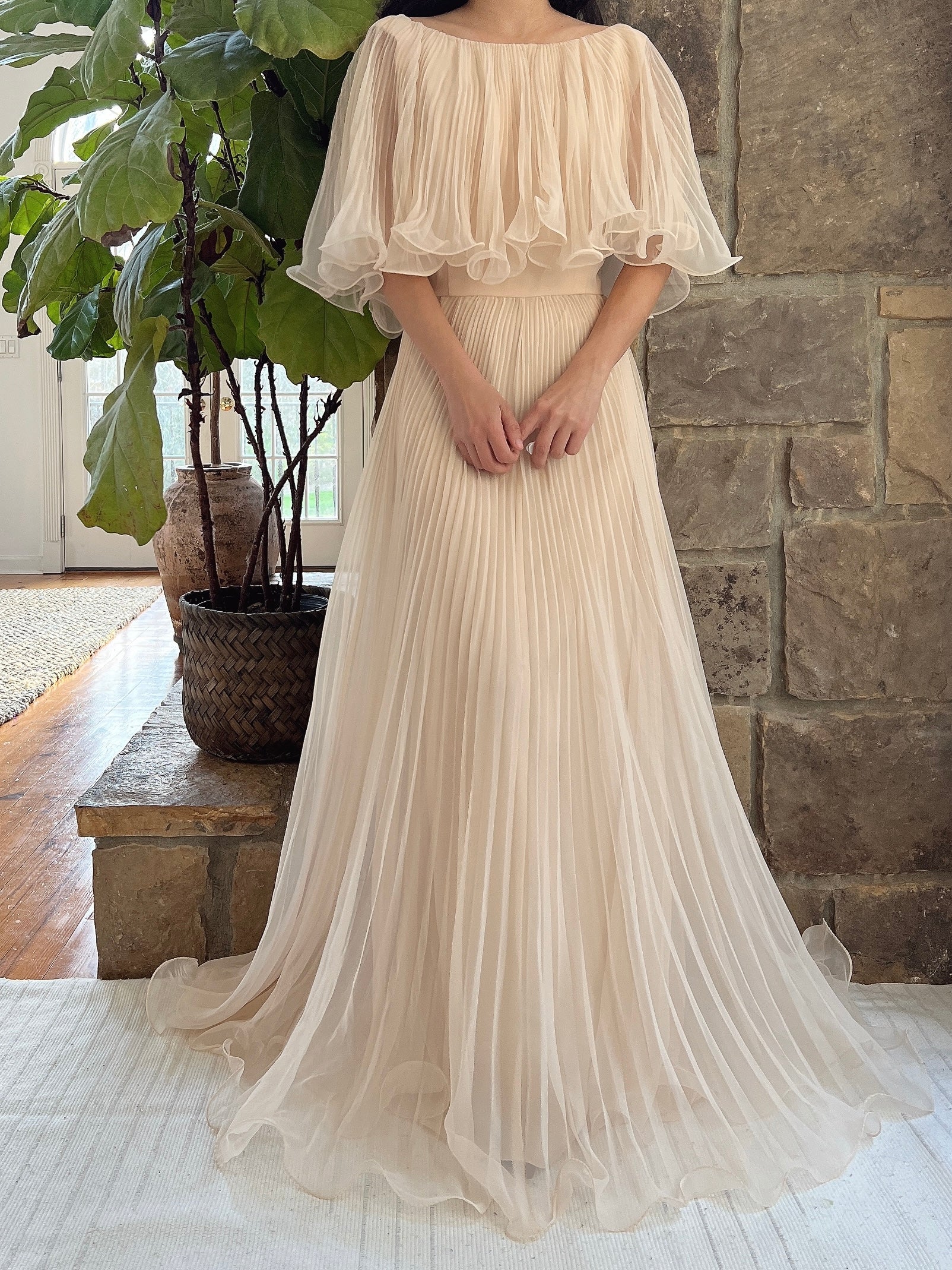 1960s Almond Pleated Chiffon Dress - S