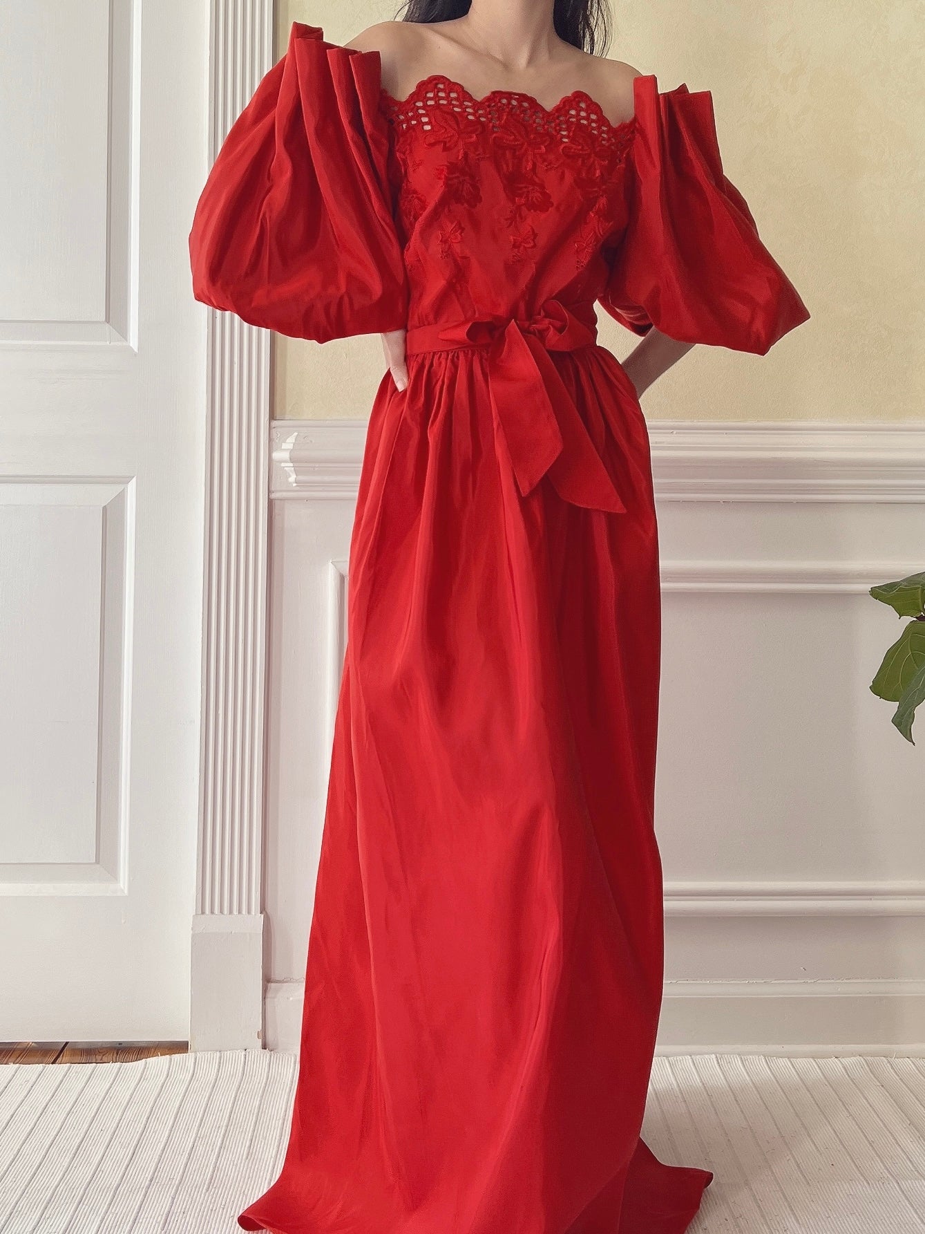 Vintage Red Taffeta Puff Sleeve Dress - S