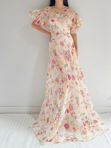 1930s Organza Floral Dress - S/M